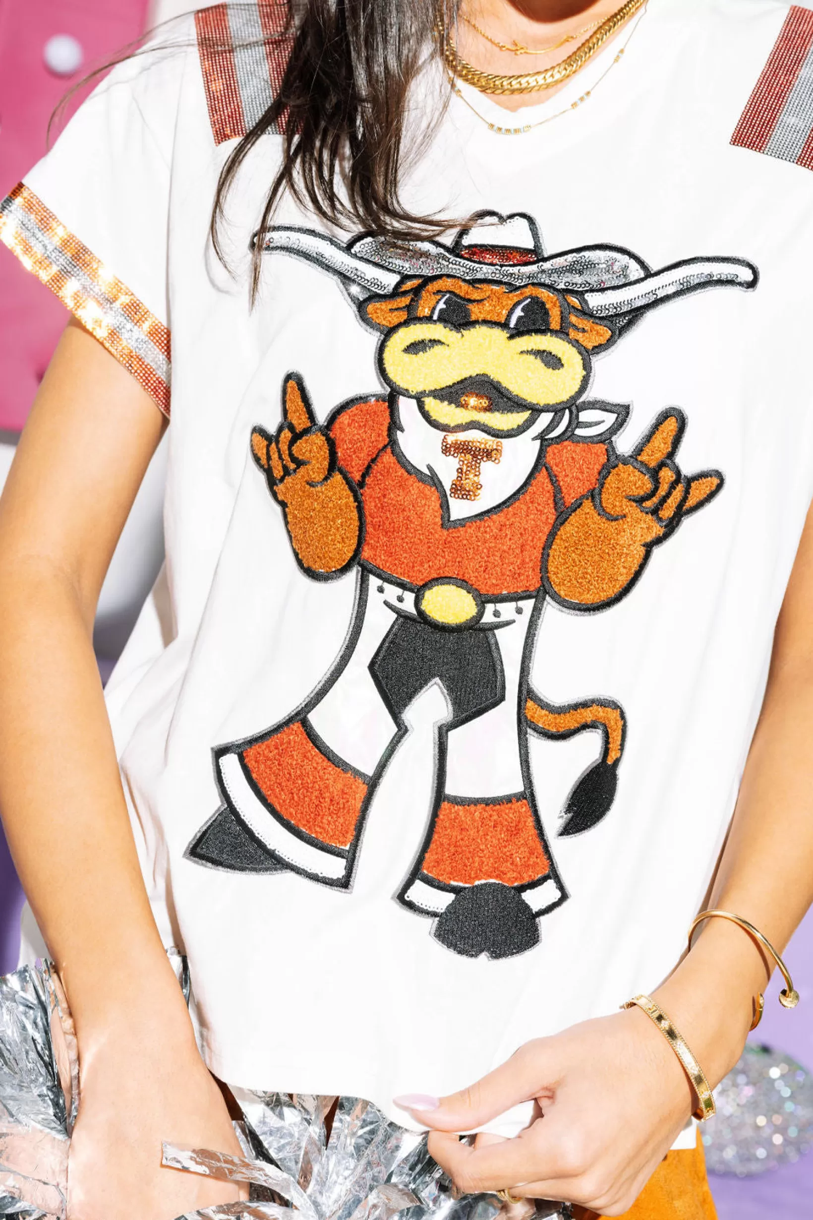 Flash Sale Queen of Sparkles Licensed & Burnt Orange Texas Longhorn Jersey Tee White