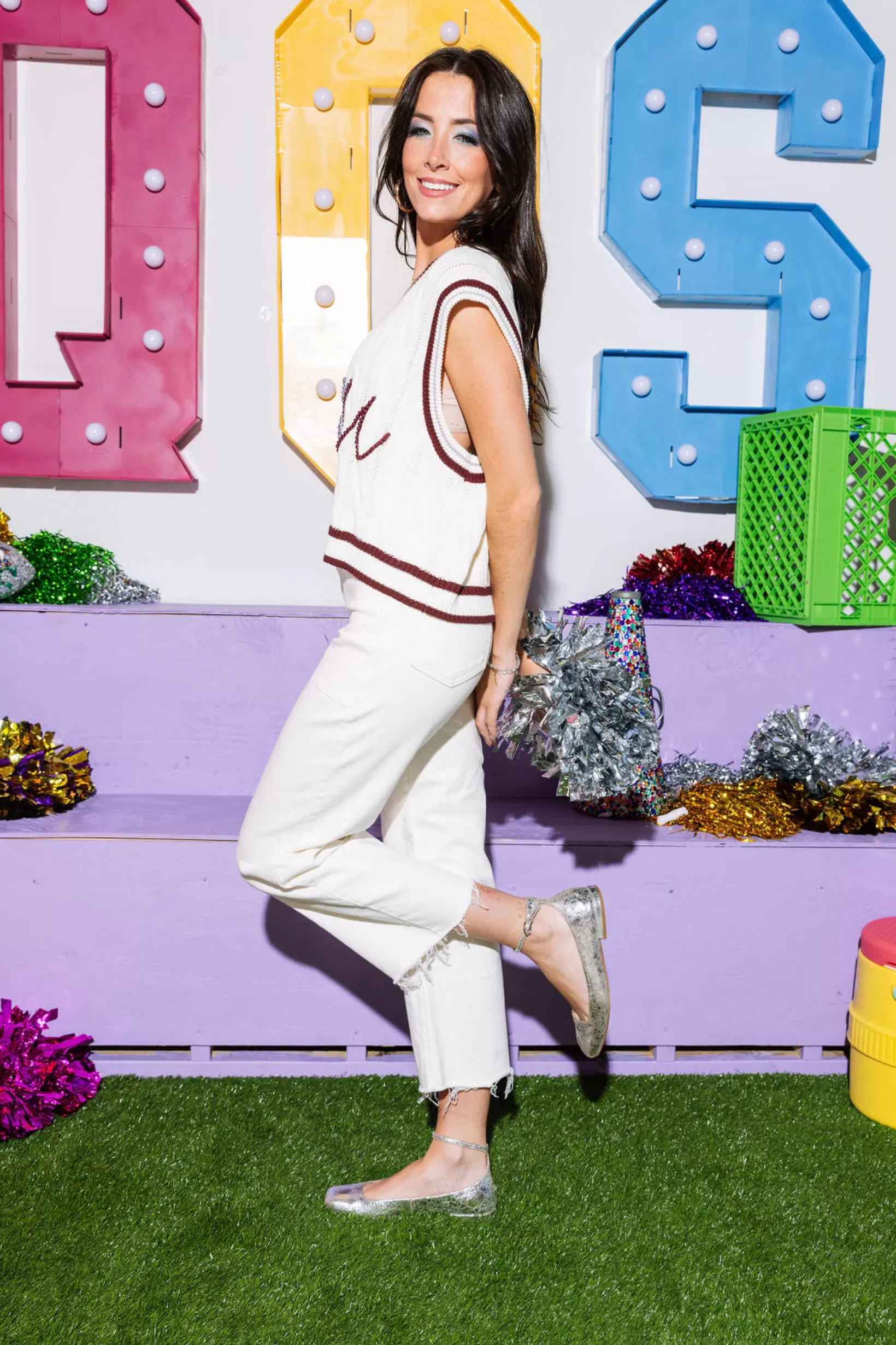 Store Queen of Sparkles Licensed- White, Maroon & Grey Pearl 'MSU' V Neck Sweater Vest Maroon/Grey