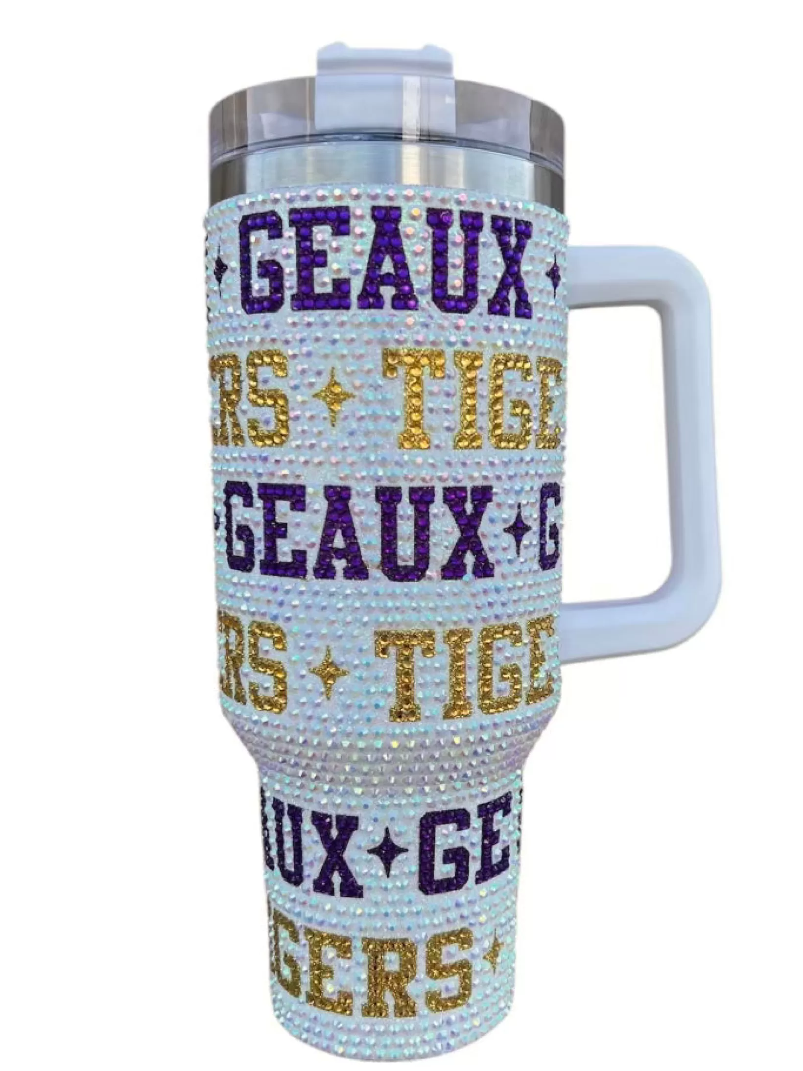 Hot Queen of Sparkles Licensed- , Purple & Gold 'Geaux Tigers' Rhinestone Tumbler White