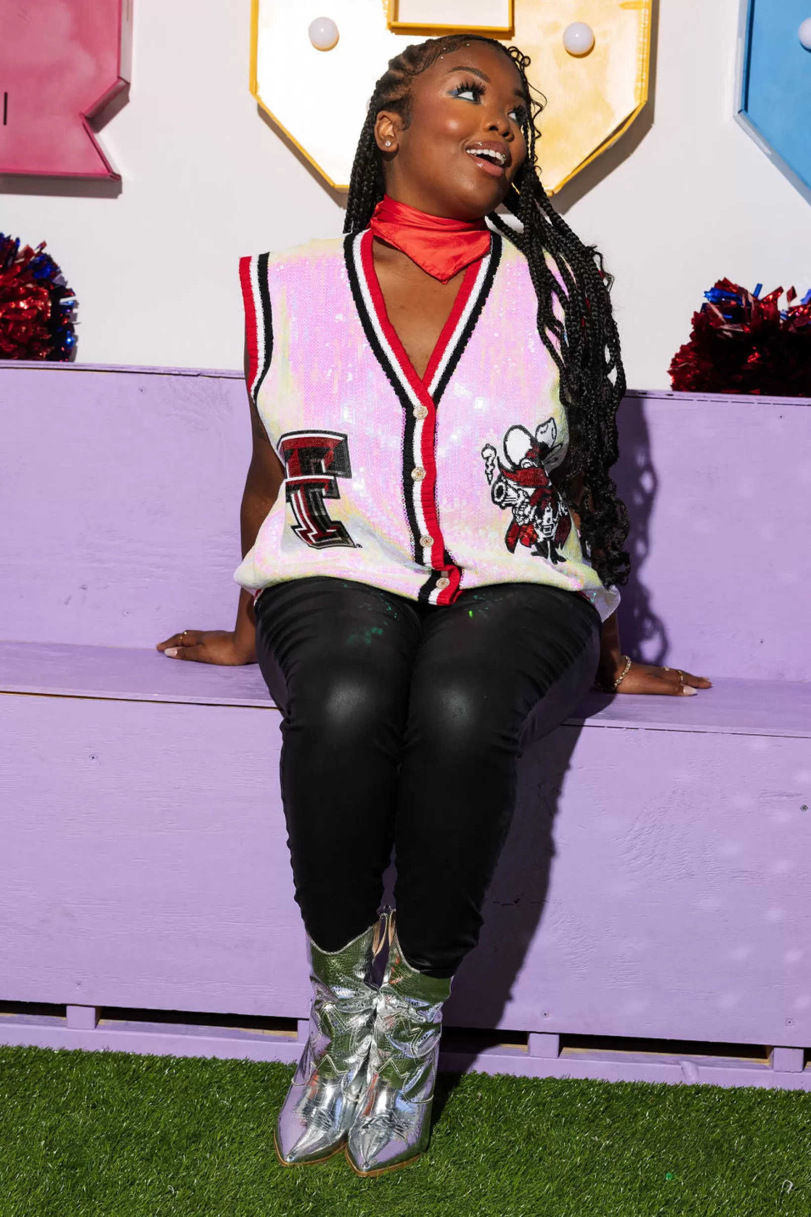 Fashion Queen of Sparkles Licensed- , Red & Black Texas Tech Full Sequin Button Up Sweater Vest White