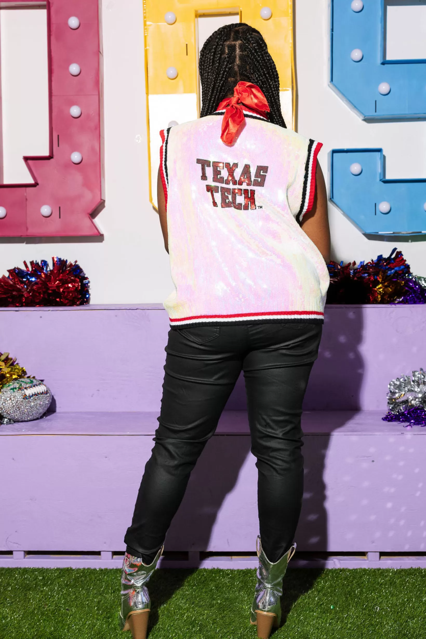 Fashion Queen of Sparkles Licensed- , Red & Black Texas Tech Full Sequin Button Up Sweater Vest White