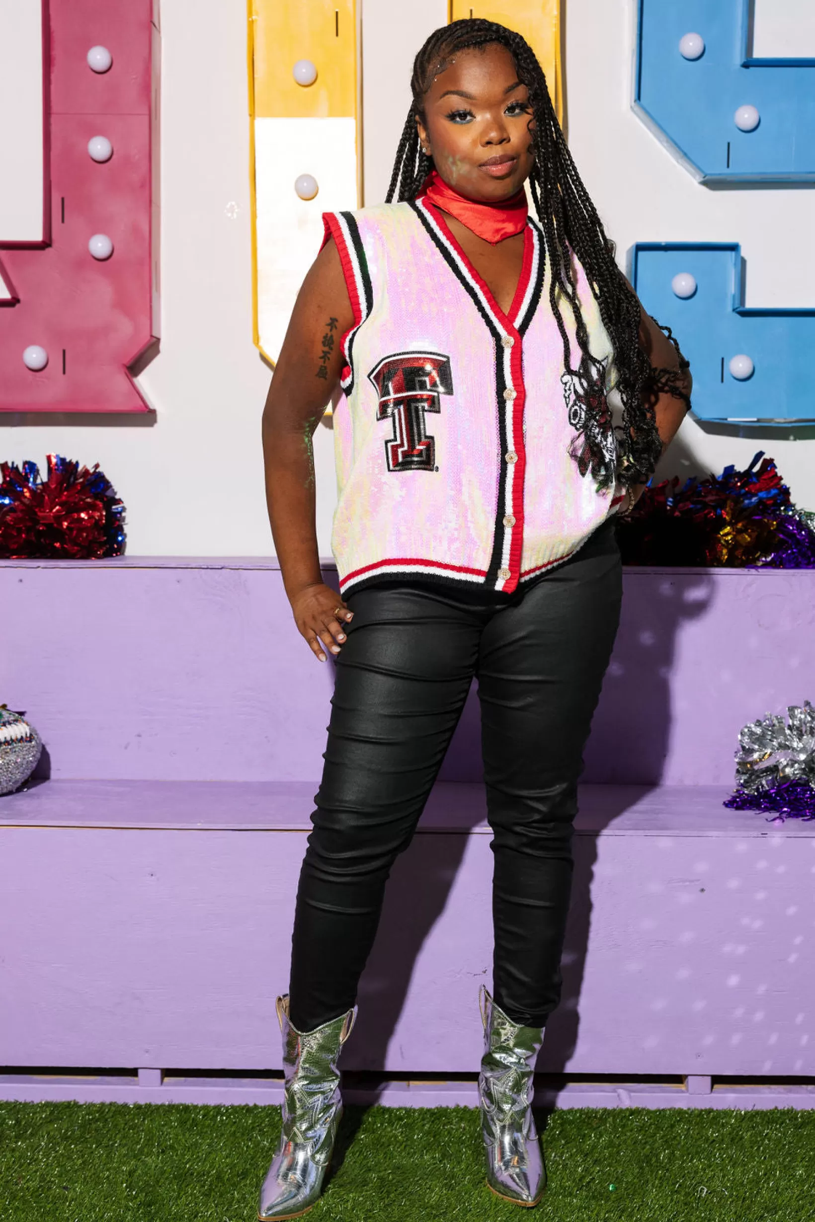 Fashion Queen of Sparkles Licensed- , Red & Black Texas Tech Full Sequin Button Up Sweater Vest White