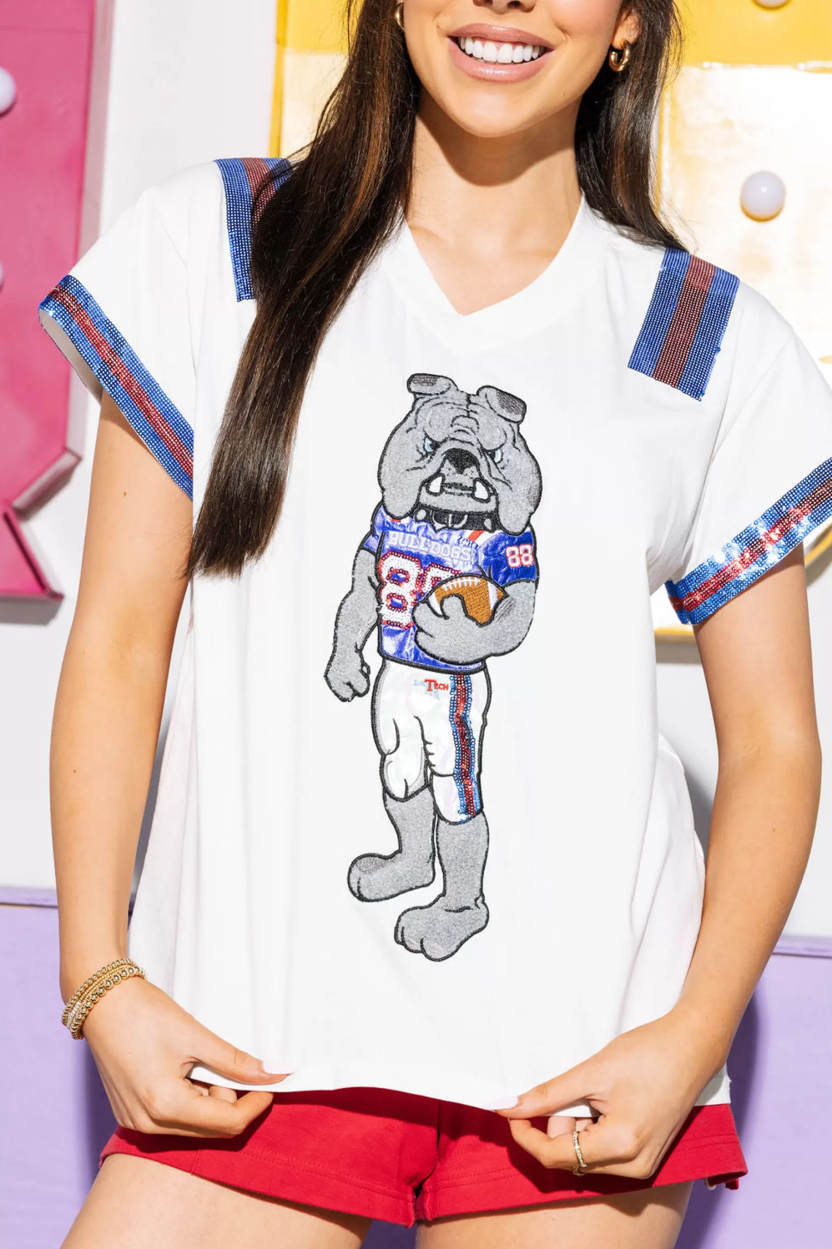 Shop Queen of Sparkles Licensed , Royal & Red LA Bulldog Jersey Tee White