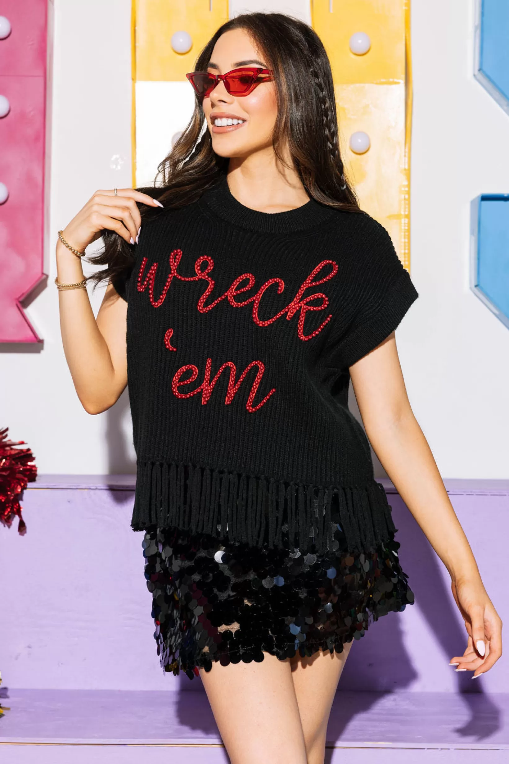 Store Queen of Sparkles Licensed- & Red 'Wreck Em' Fringe Sweater Vest Black