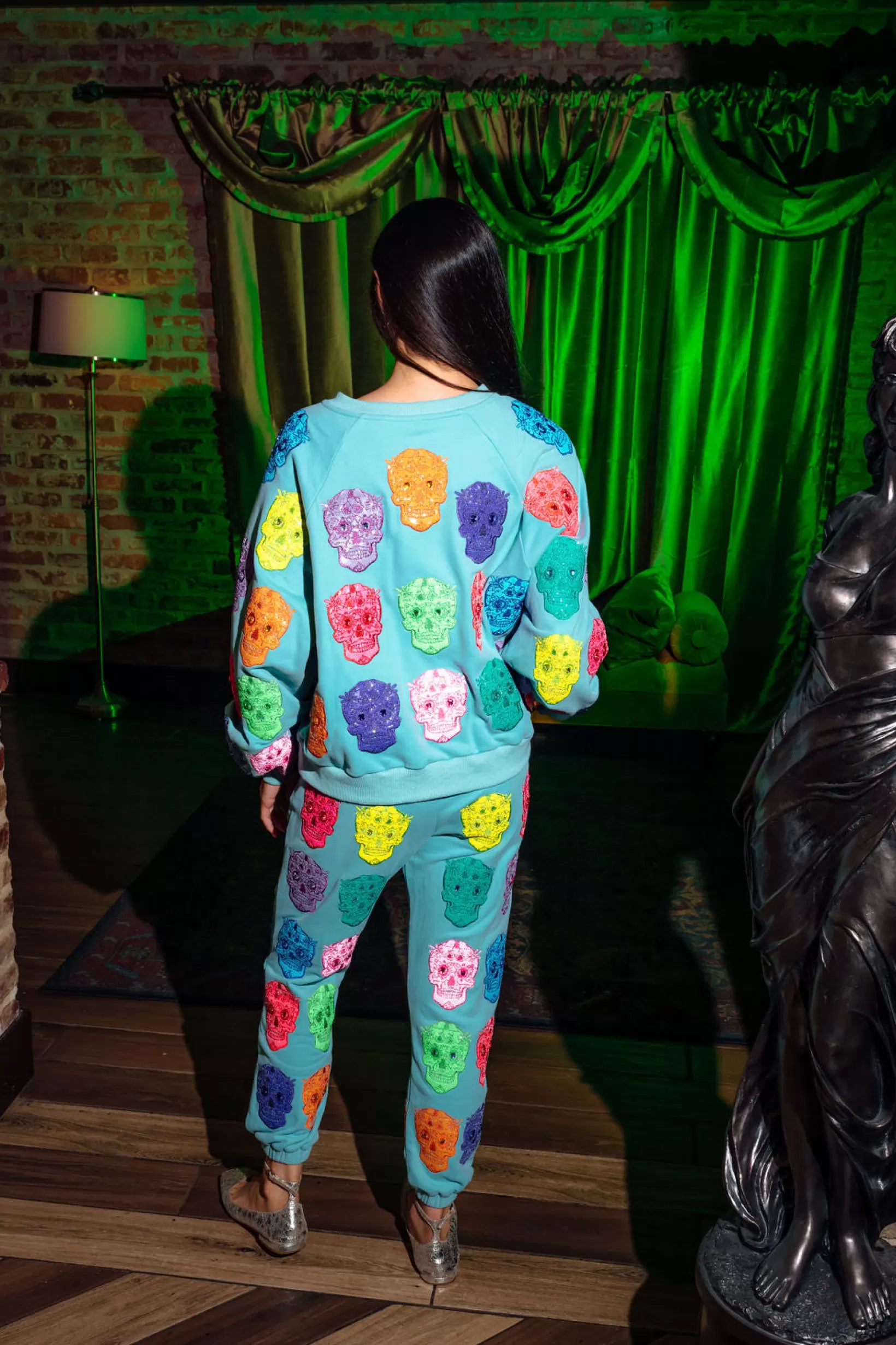 Discount Queen of Sparkles Multi Color Sugar Skull Jogger Light Blue