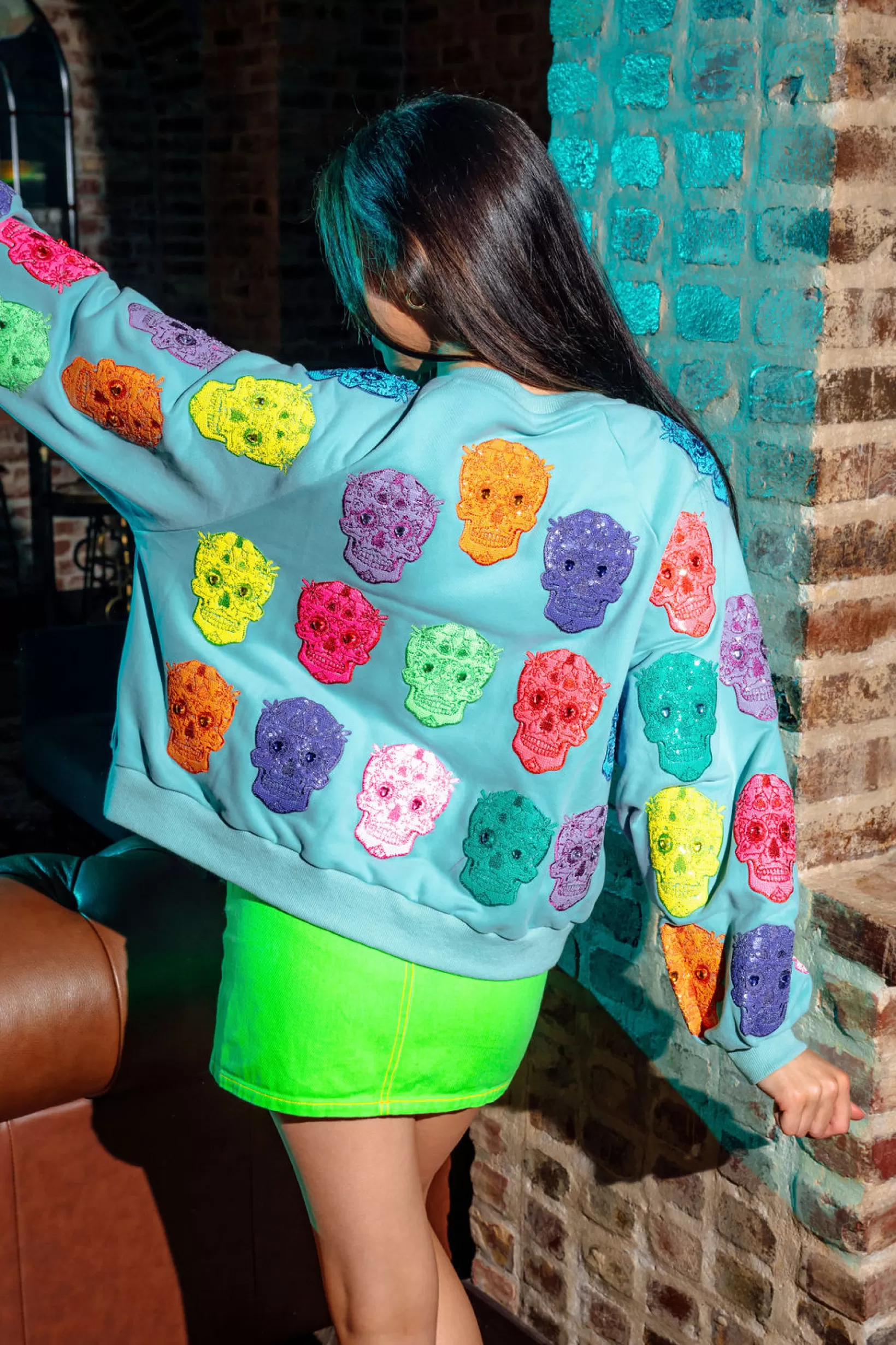 Best Sale Queen of Sparkles Multi Color Sugar Skull Sweatshirt Light Blue