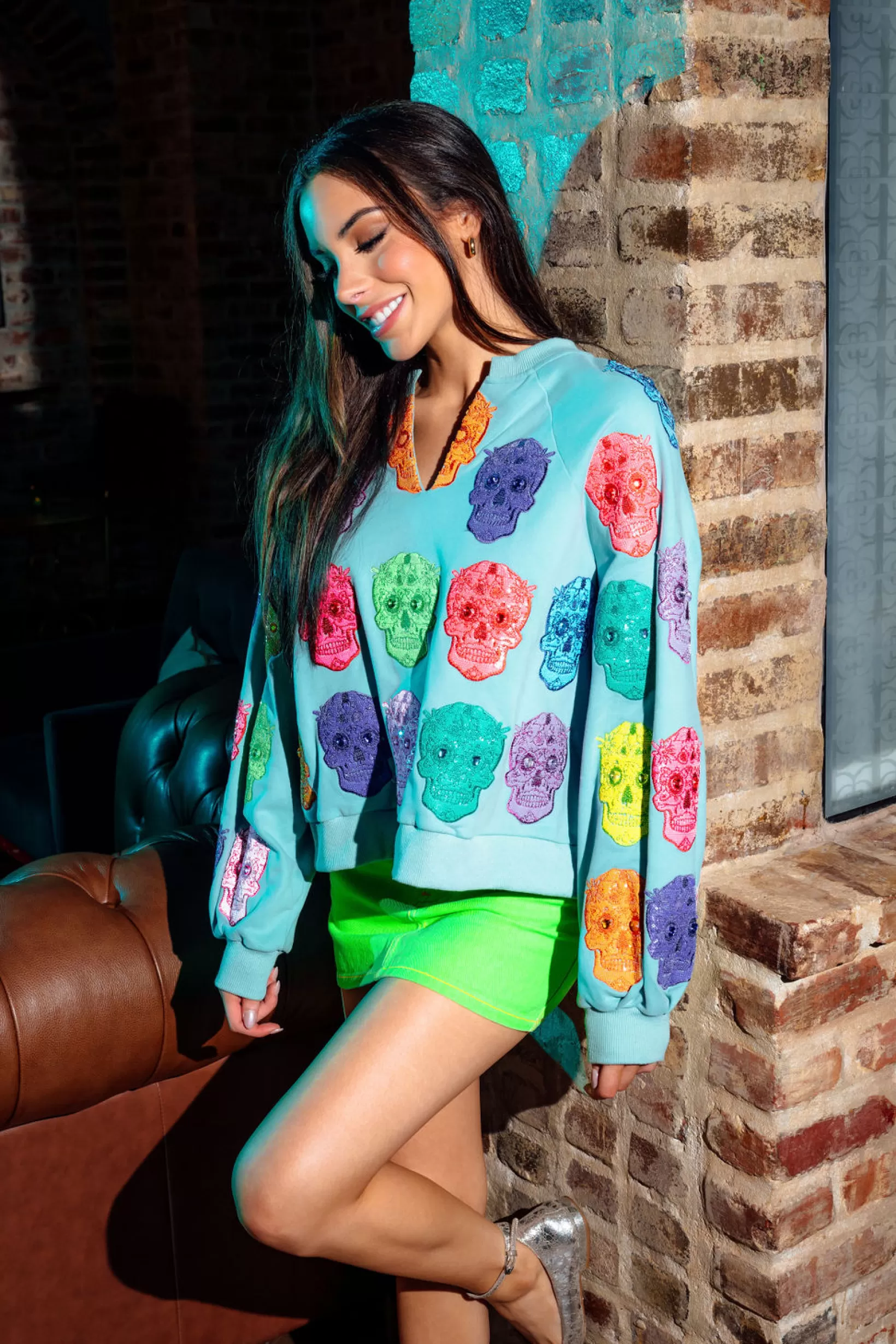 Best Sale Queen of Sparkles Multi Color Sugar Skull Sweatshirt Light Blue