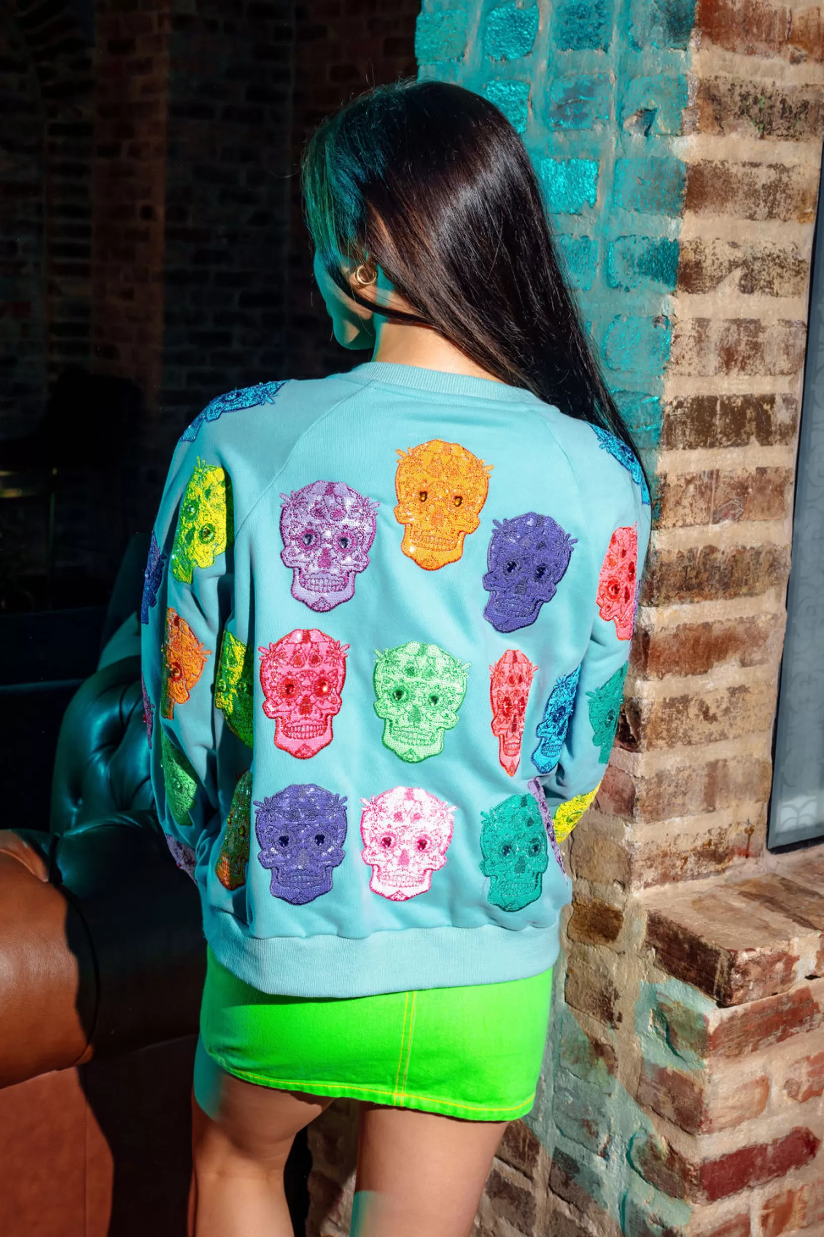 Best Sale Queen of Sparkles Multi Color Sugar Skull Sweatshirt Light Blue