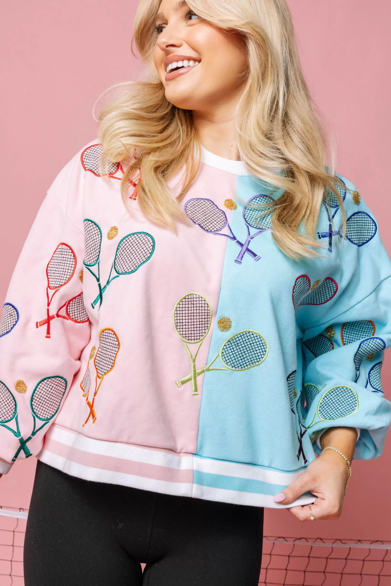 New Queen of Sparkles Light Pink & Blue Colorblock Tennis Sweatshirt Light Pink/Blue