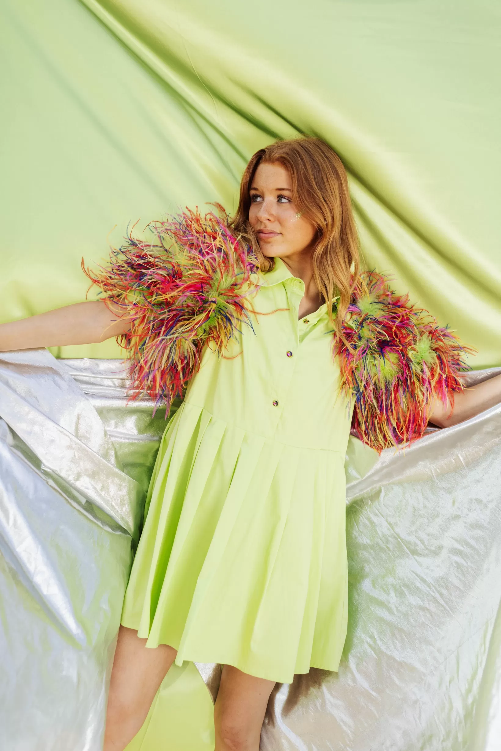 Online Queen of Sparkles Lime & Rainbow Feather Sleeve Dress