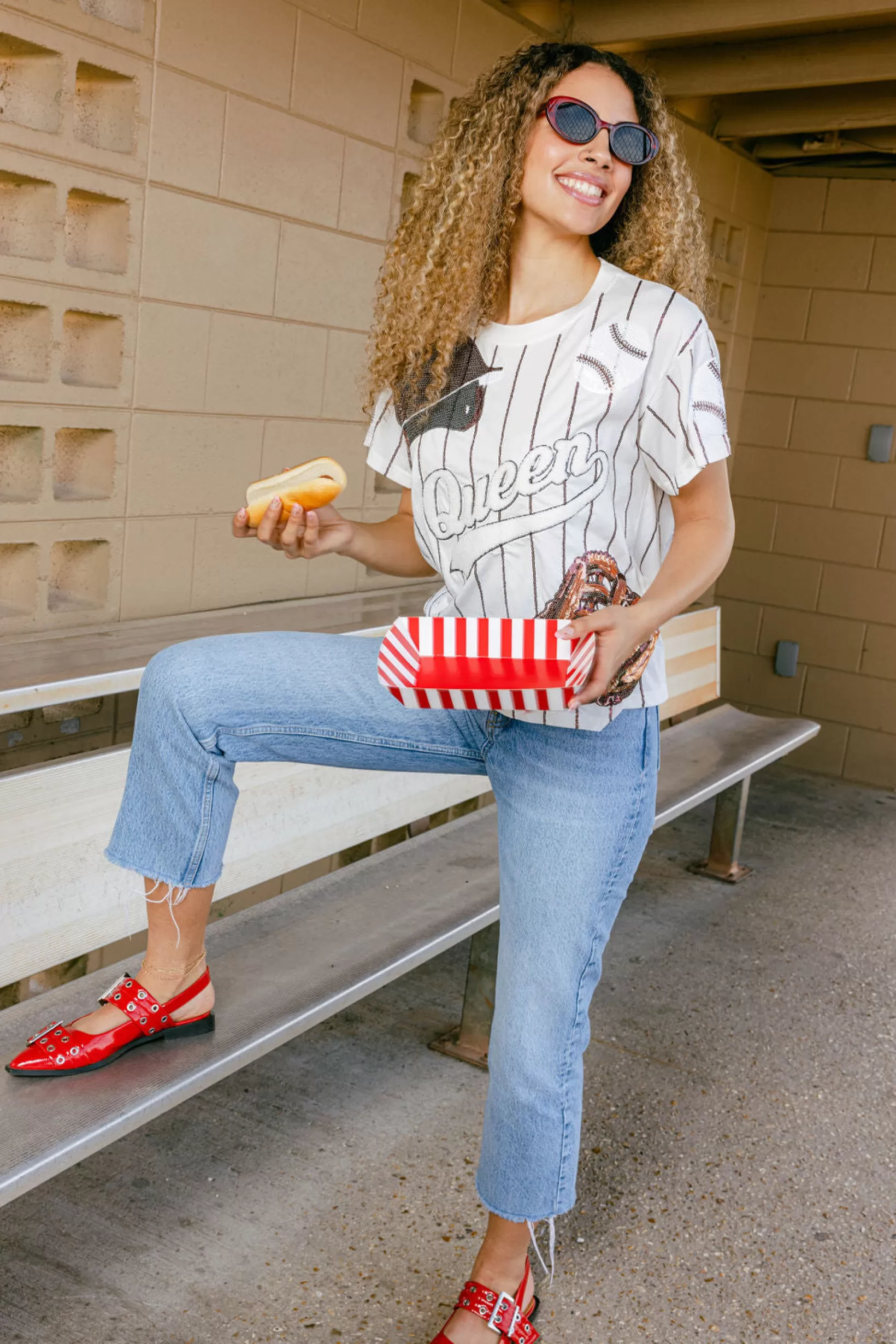 Clearance Queen of Sparkles Maroon Batter Up Tee White