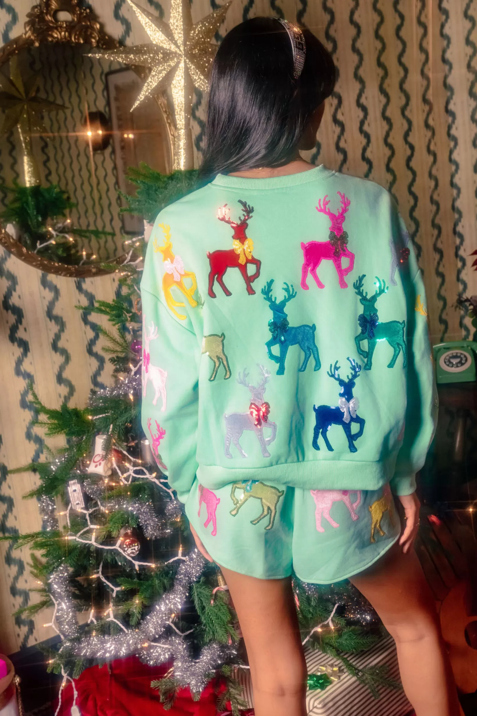 Cheap Queen of Sparkles Sweatshirt With Velvet Reindeers & Bows Mint Green