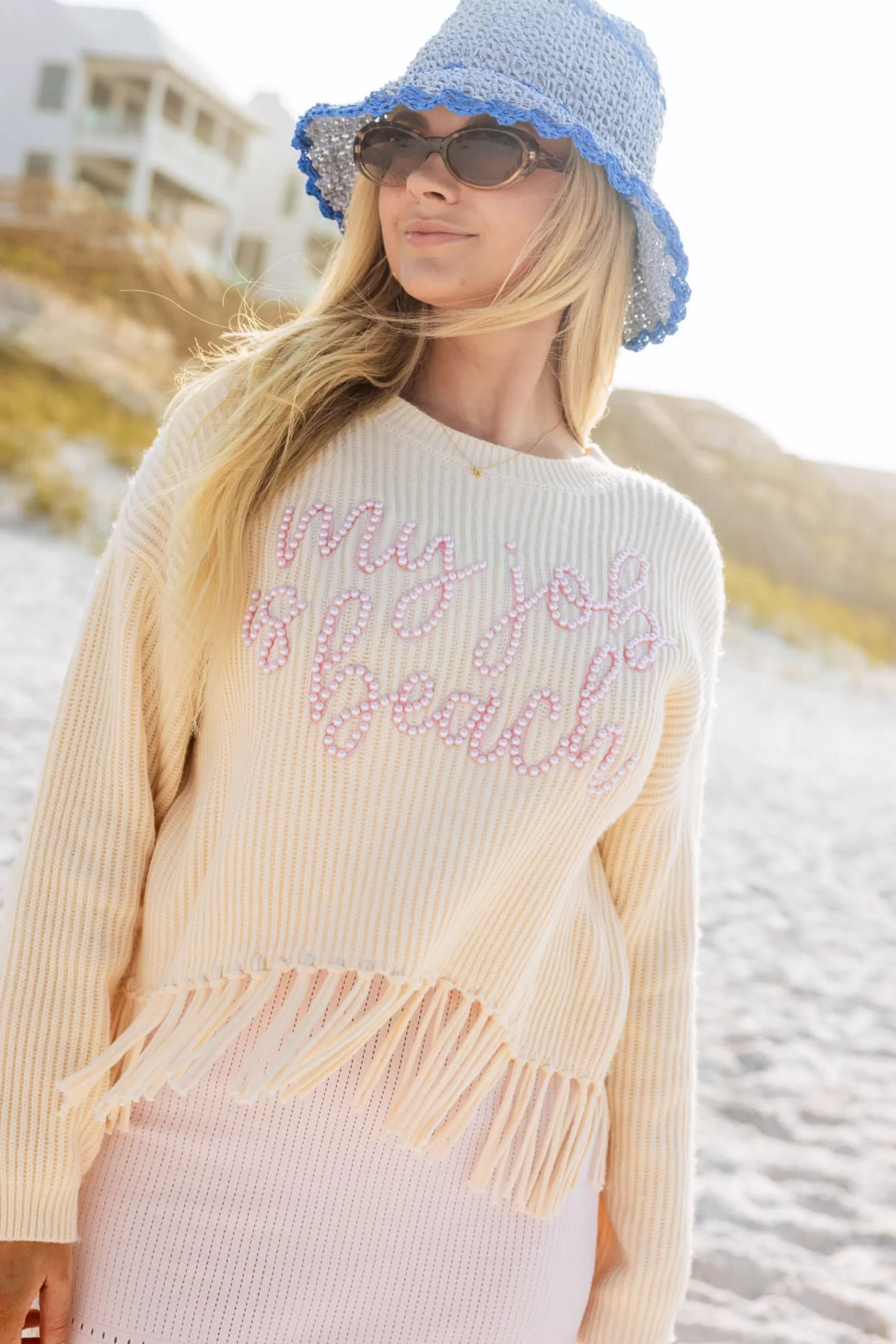 Outlet Queen of Sparkles My Job Is Beach' Fringe Sweater Ivory