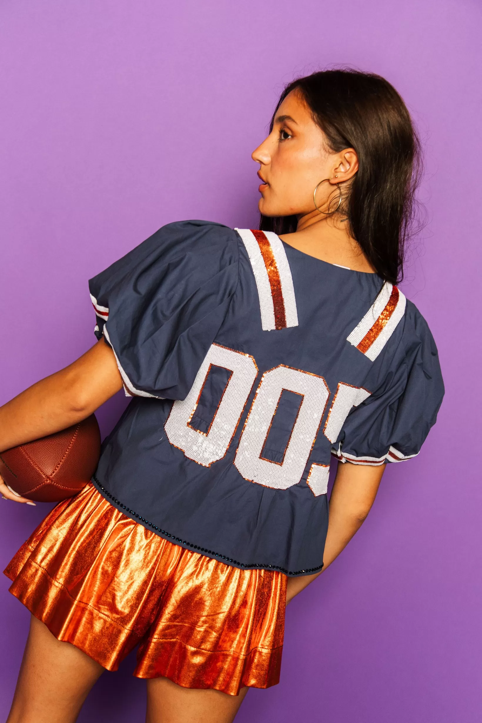 Store Queen of Sparkles Navy & Orange QOS Jersey Peplum Top