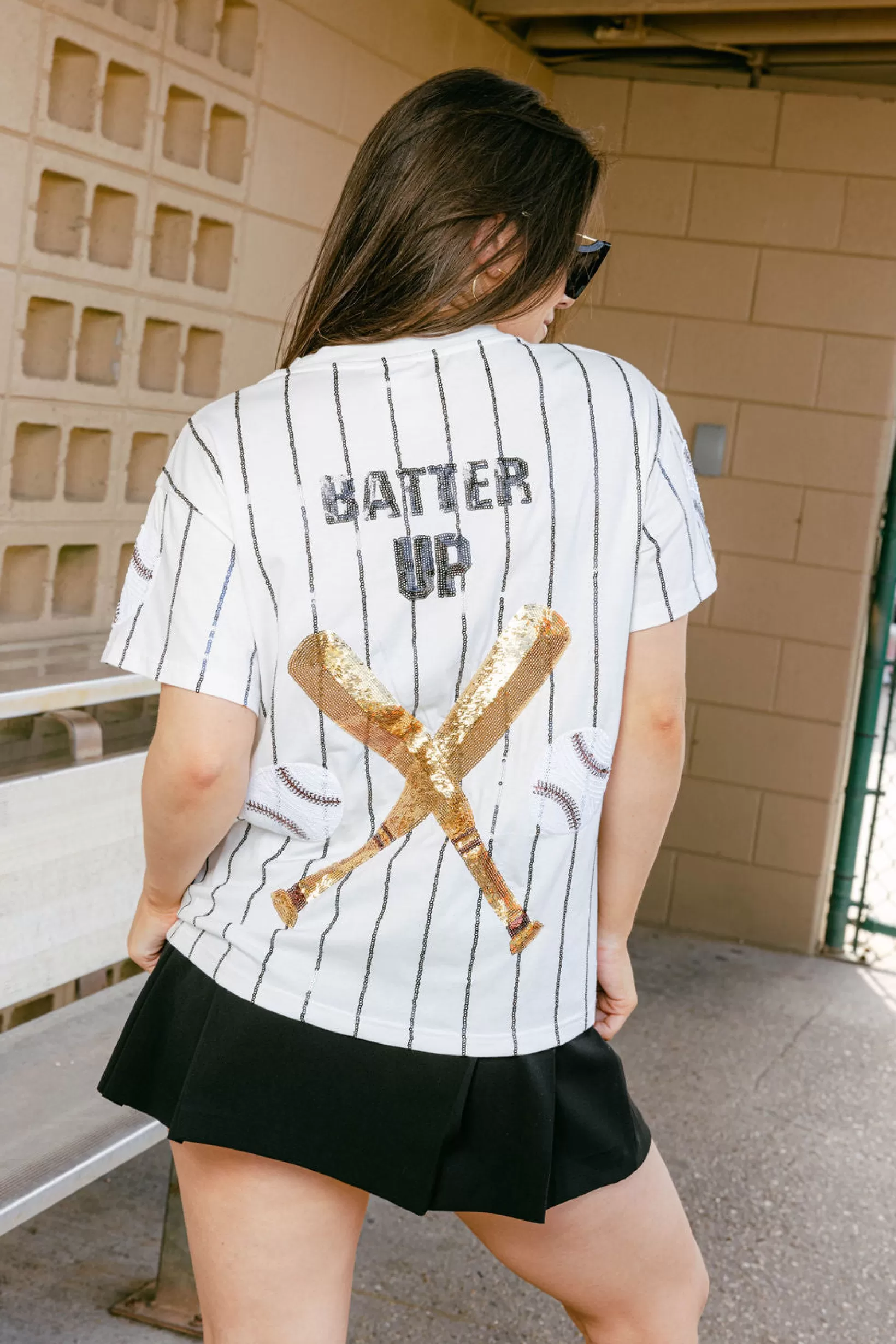 Cheap Queen of Sparkles Navy Batter Up Tee White