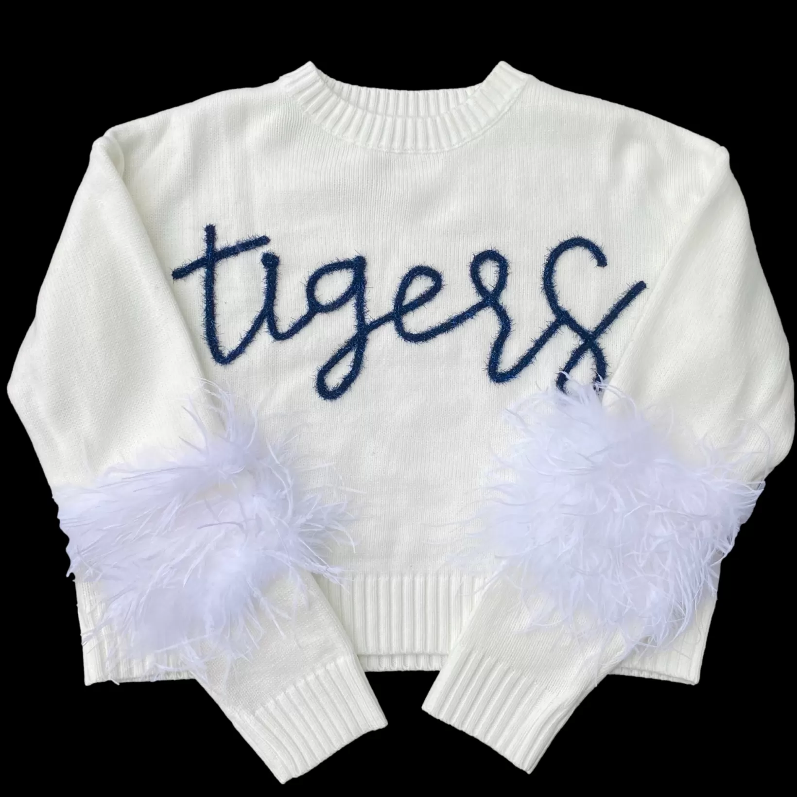 Best Sale Queen of Sparkles Navy “Tigers” Feather Sleeve Sweater