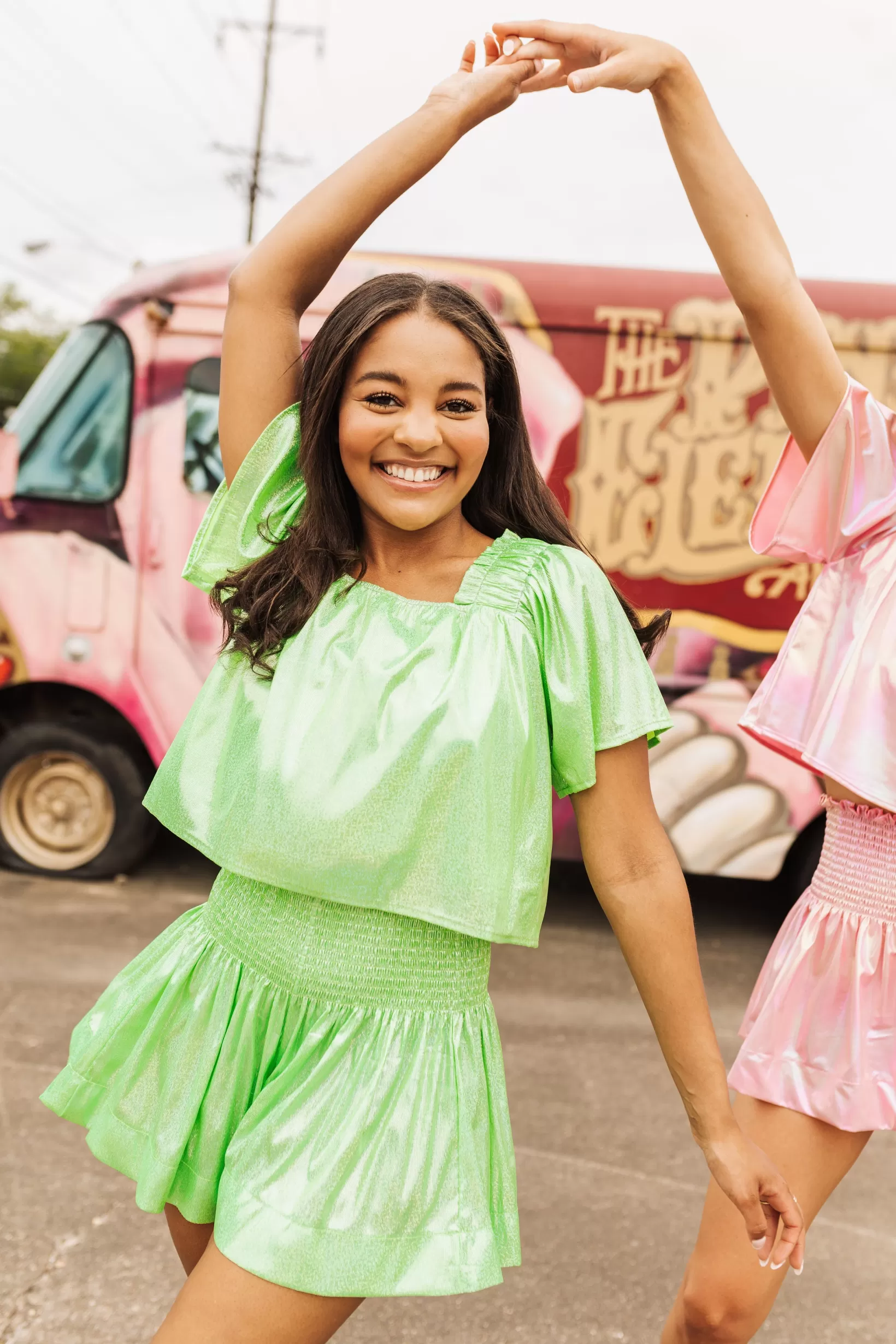 New Queen of Sparkles Neon Green Holo Stripe Swing Shorts