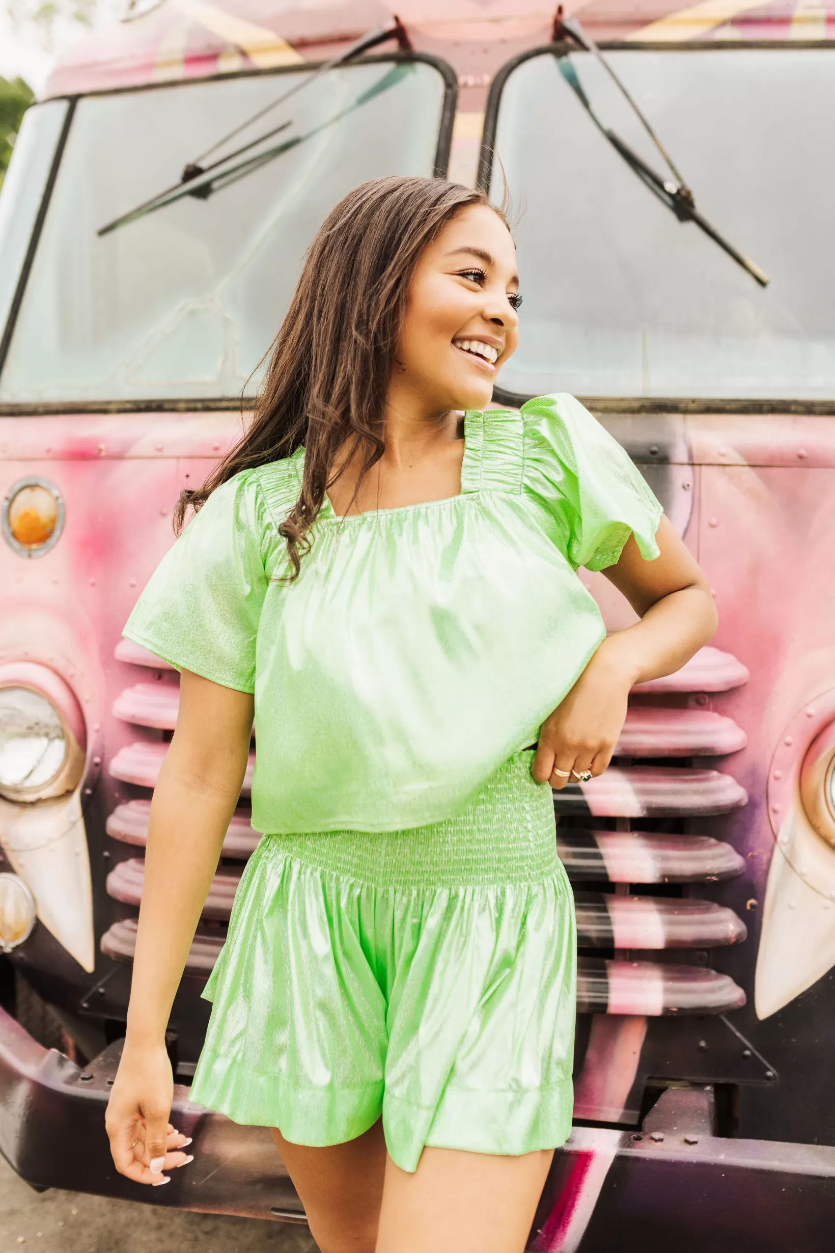 New Queen of Sparkles Neon Green Holo Stripe Swing Shorts