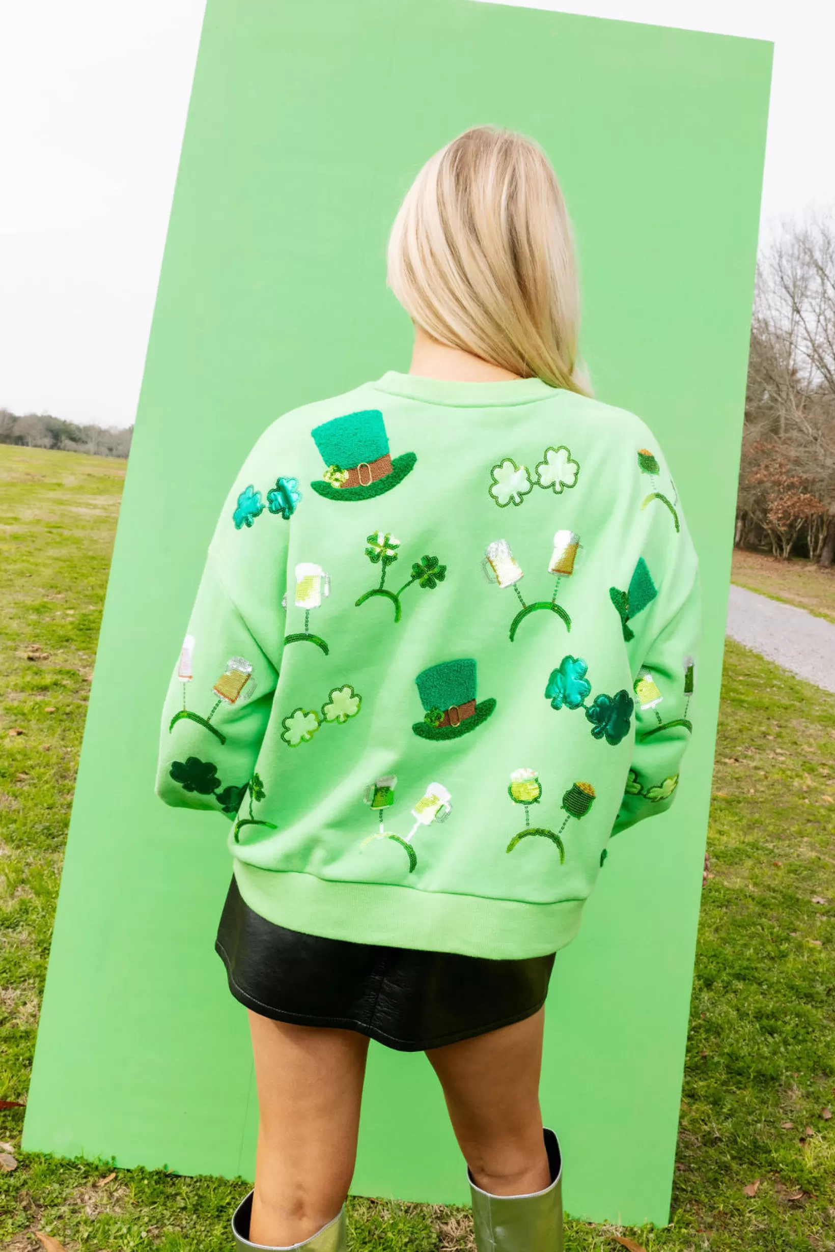 Outlet Queen of Sparkles St. Patrick's Day Sunglass, Hat & Headband Icon Sweatshirt Neon Green