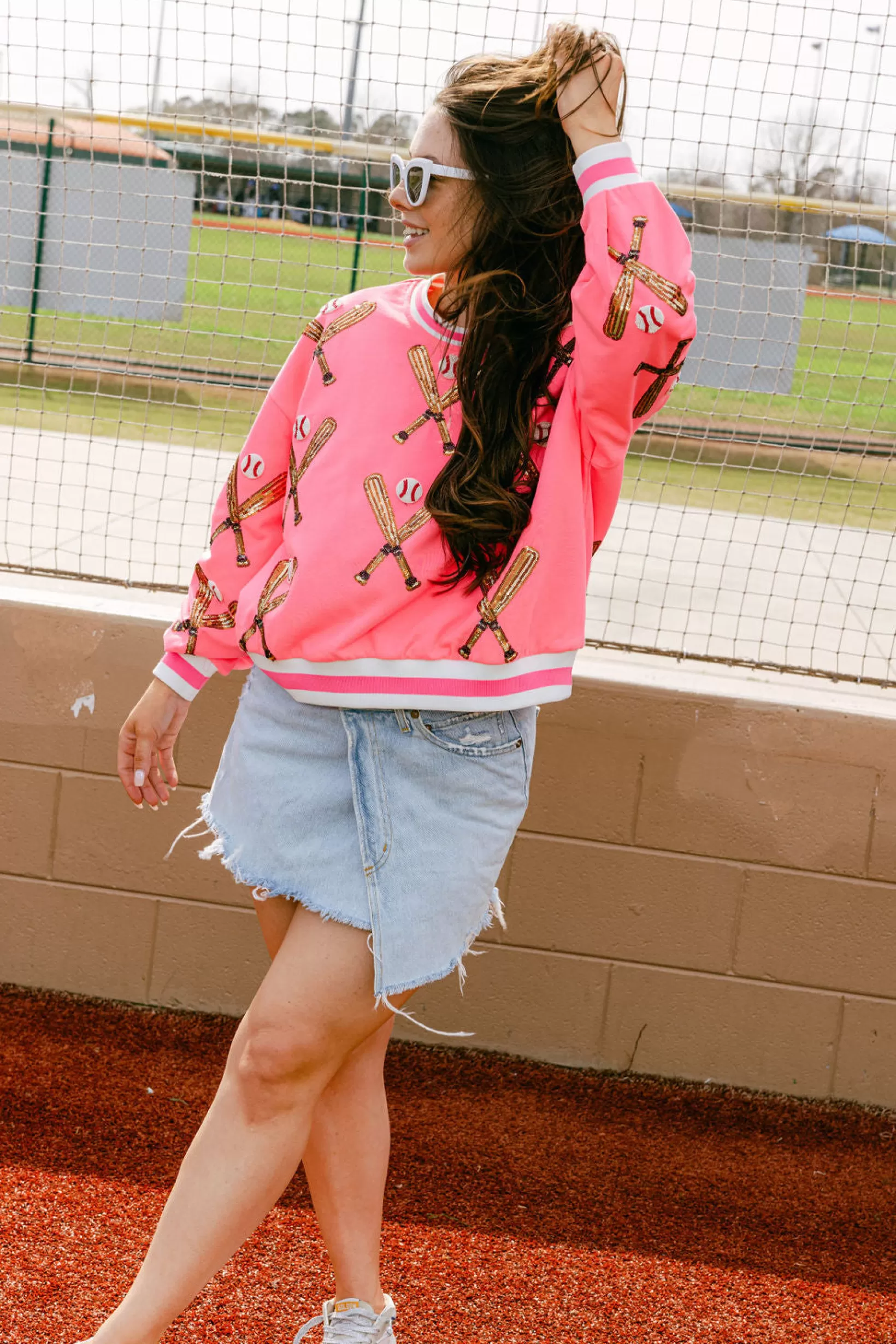 Hot Queen of Sparkles Scattered Baseball Bat Sweatshirt Neon Pink