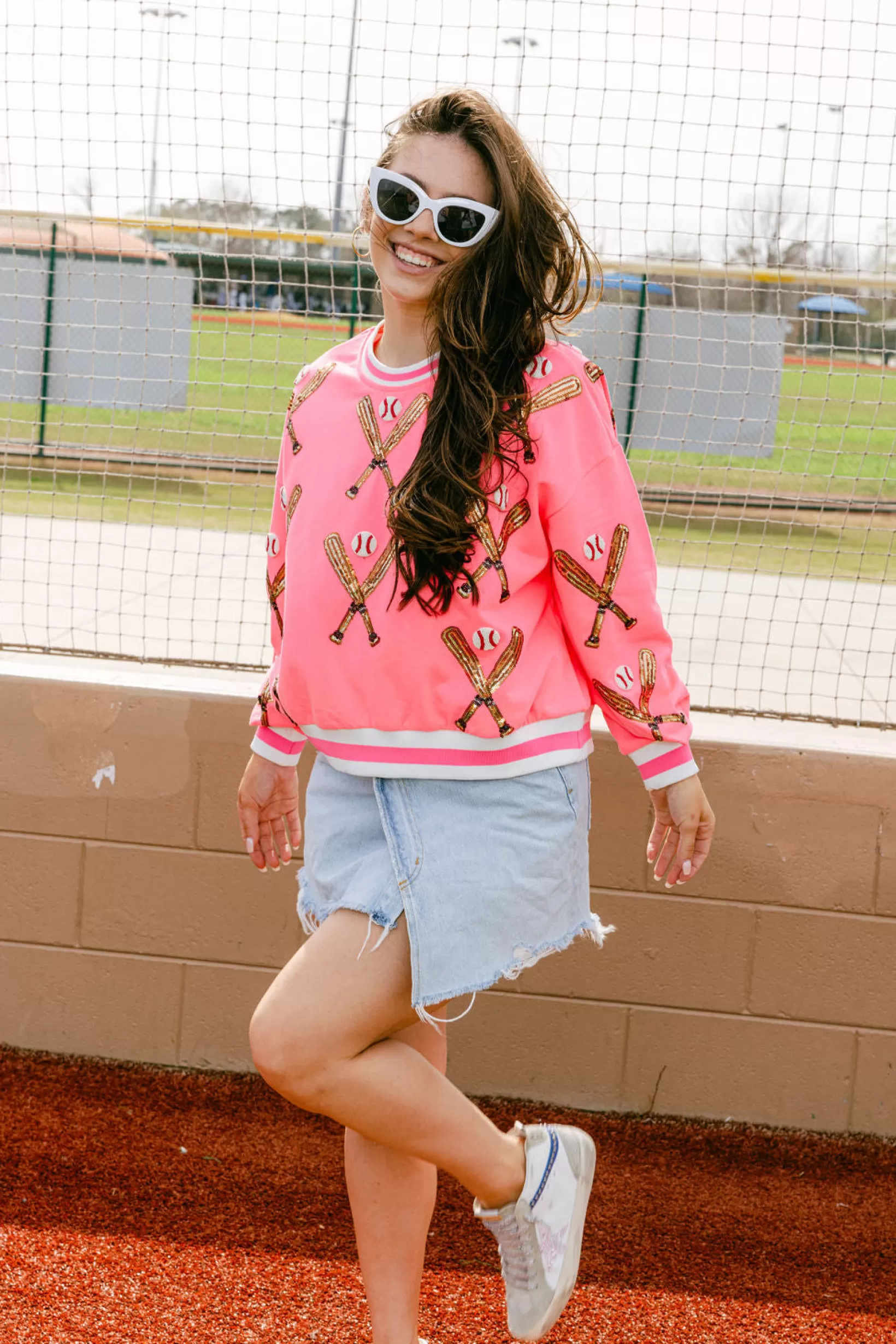 Hot Queen of Sparkles Scattered Baseball Bat Sweatshirt Neon Pink