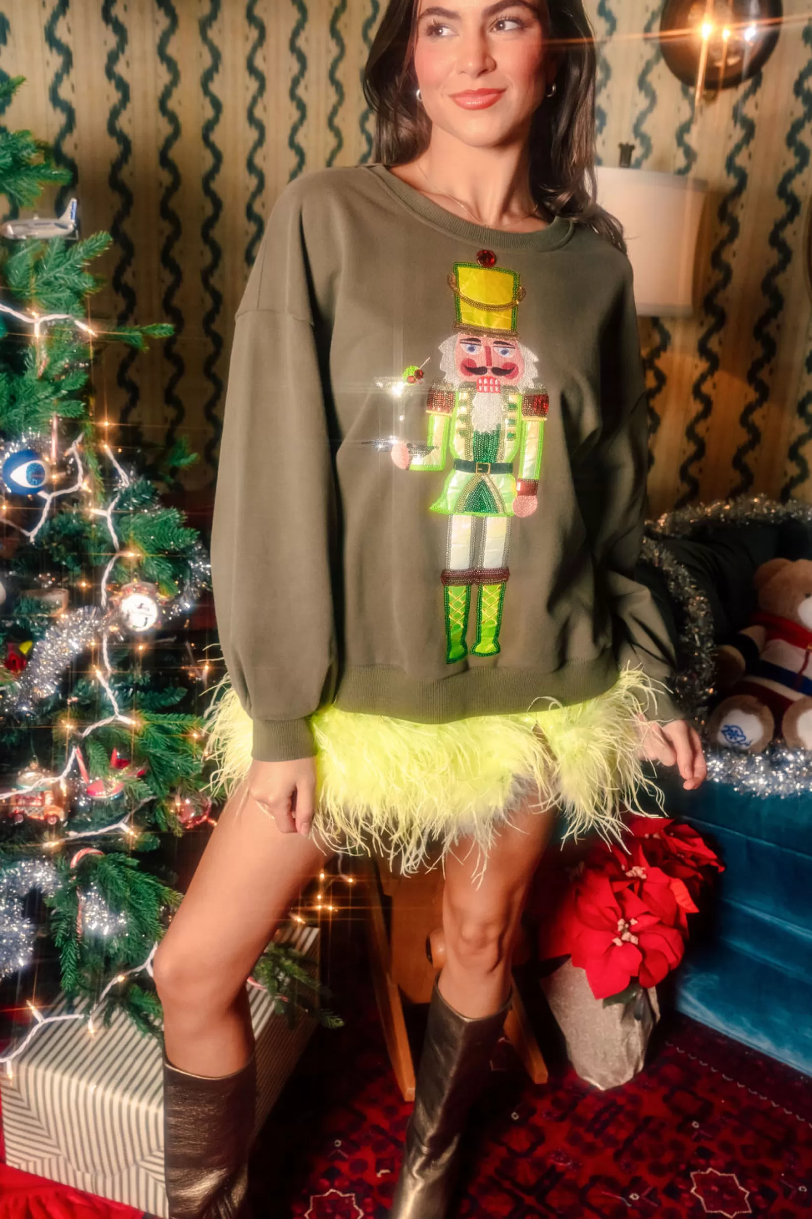 Store Queen of Sparkles Martini Server Nutcracker Sweatshirt Olive Green