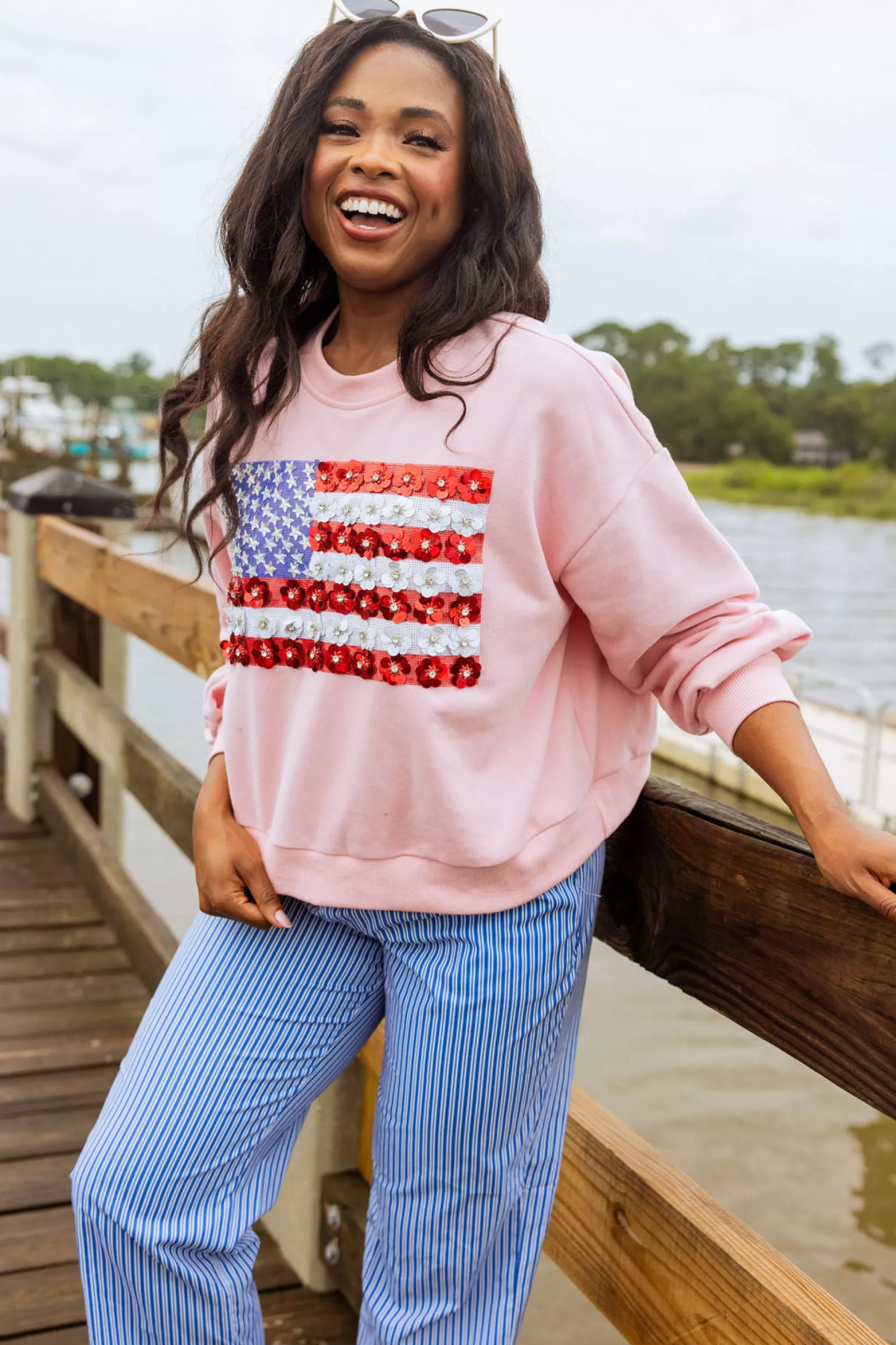 Clearance Queen of Sparkles Flower American Flag Sweatshirt Pink