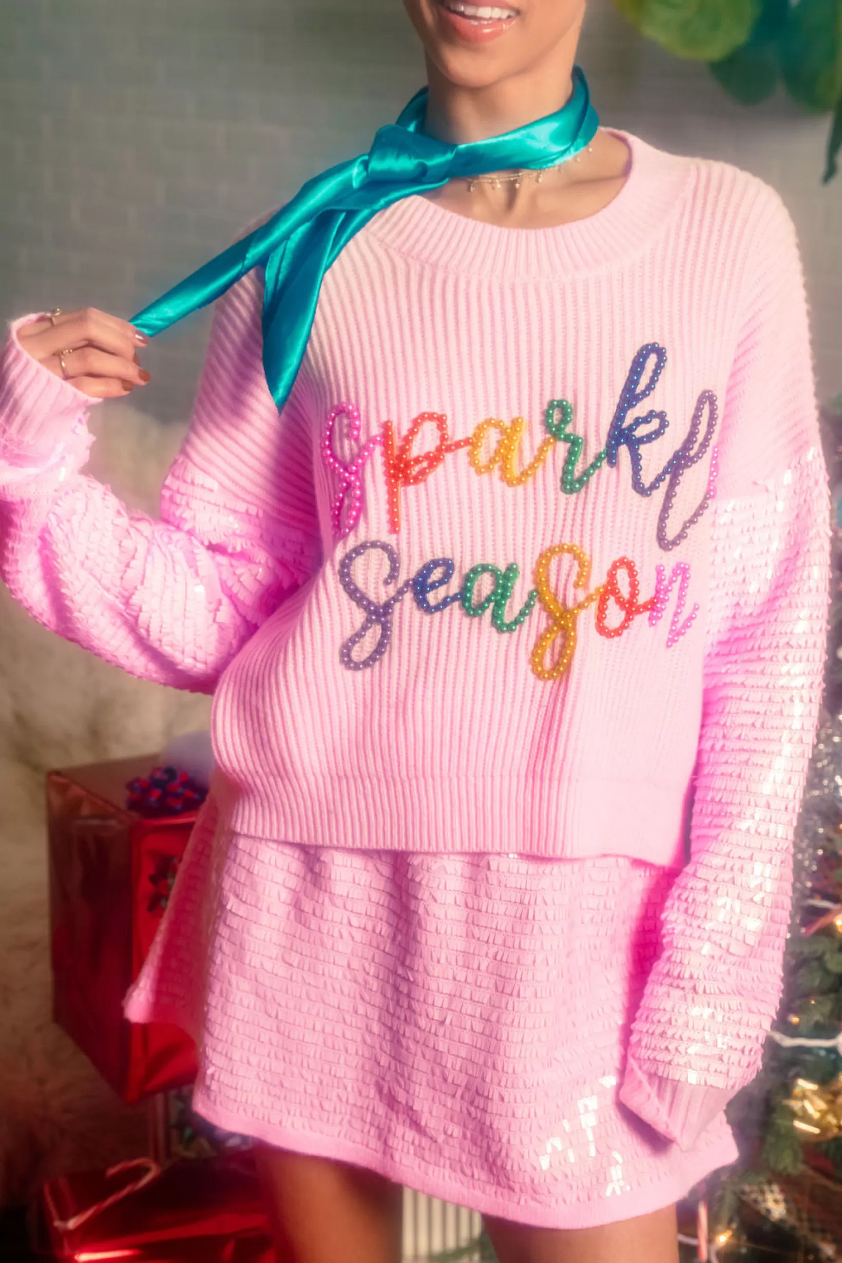 Best Queen of Sparkles Sequin Sleeve Multi Pearl 'Sparkle Season' Sweater Pink