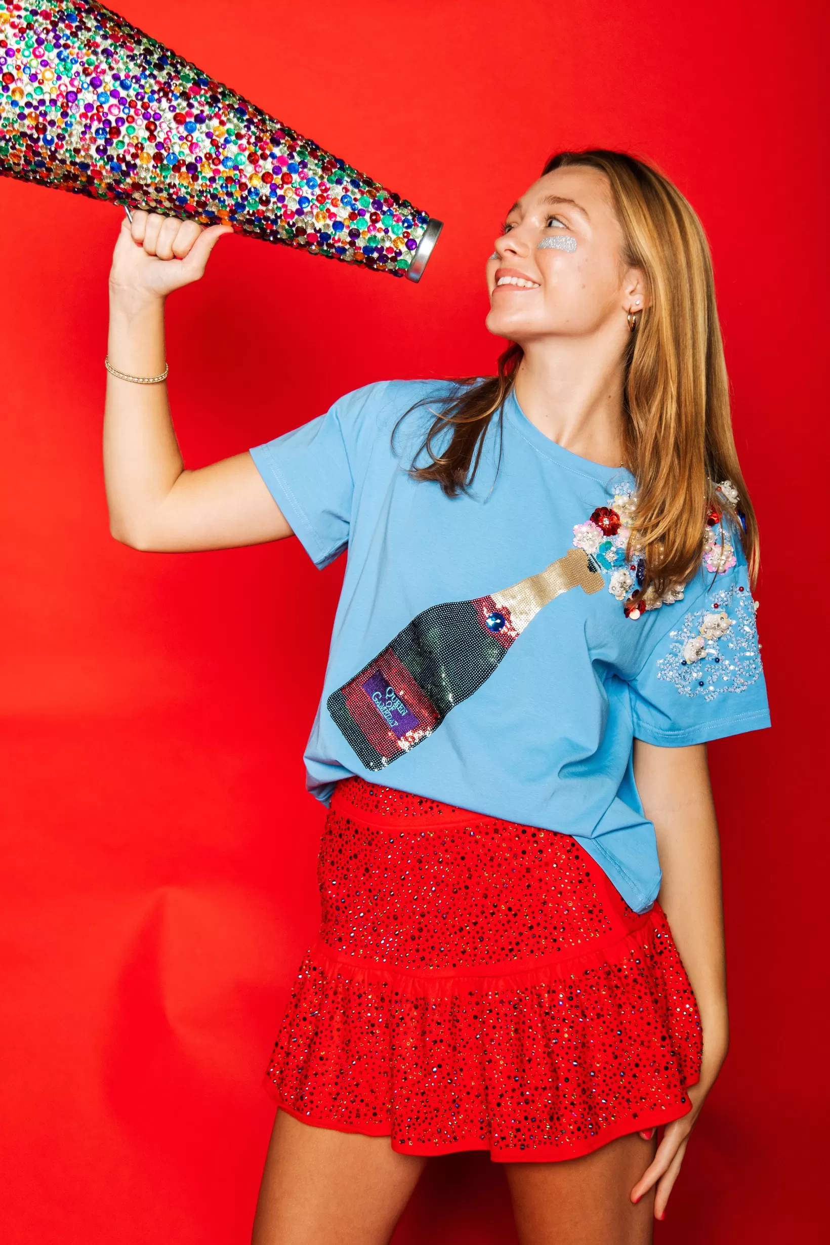 Discount Queen of Sparkles Powder Blue with Red&Navy Popping Champagne Tee XS