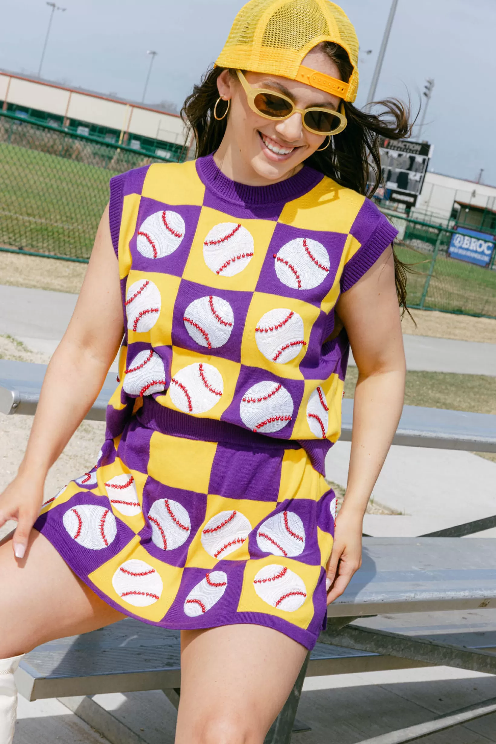 Sale Queen of Sparkles Purple & Gold Checkered Baseball Tank Purple/Gold