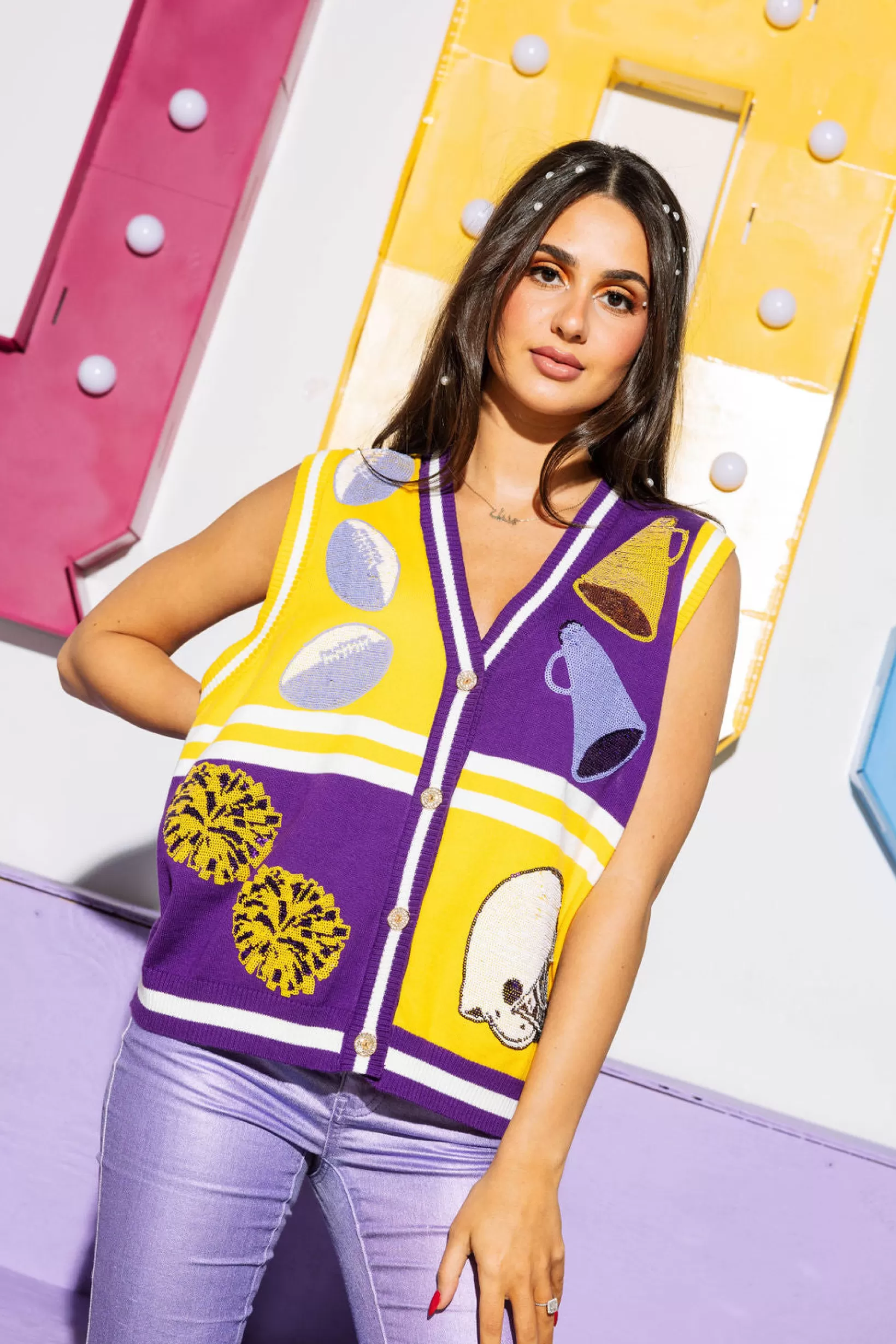 Discount Queen of Sparkles Purple & Gold Colorblock Football Icon Button Up Sweater Vest Purple/Yellow