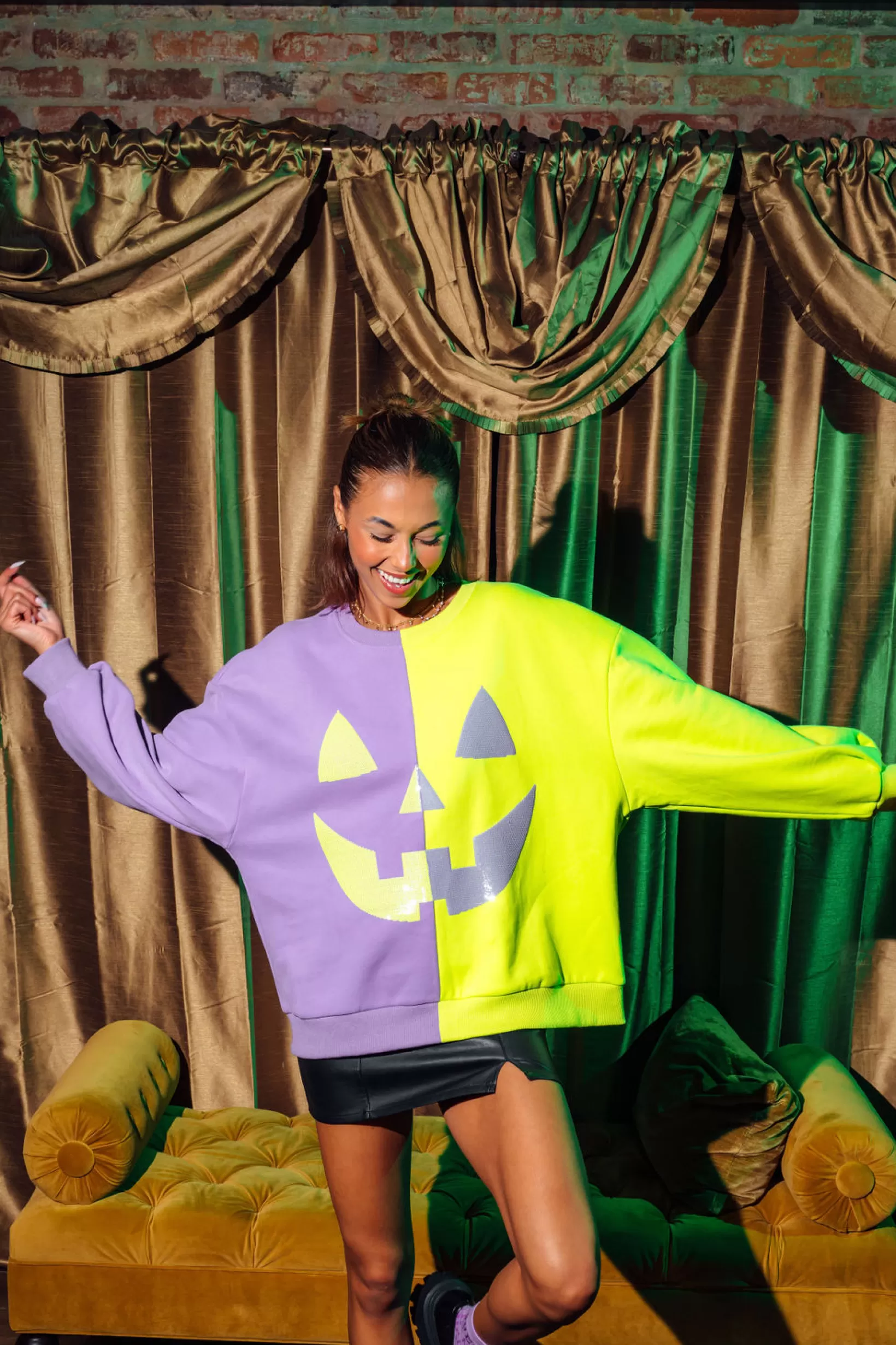 Best Sale Queen of Sparkles Purple & Neon Green Split Pumpkin Face Sweatshirt Purple/Green