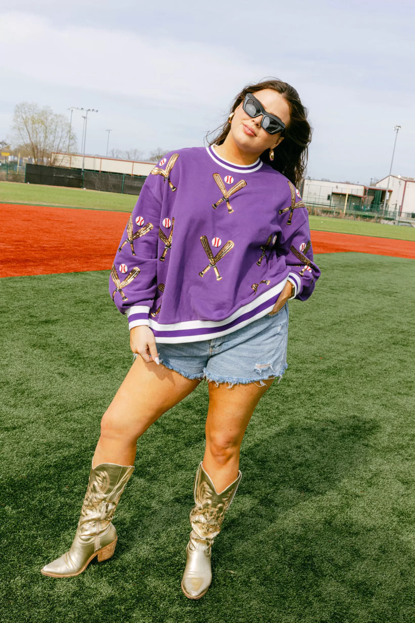 Sale Queen of Sparkles Scattered Baseball Bat Sweatshirt Purple