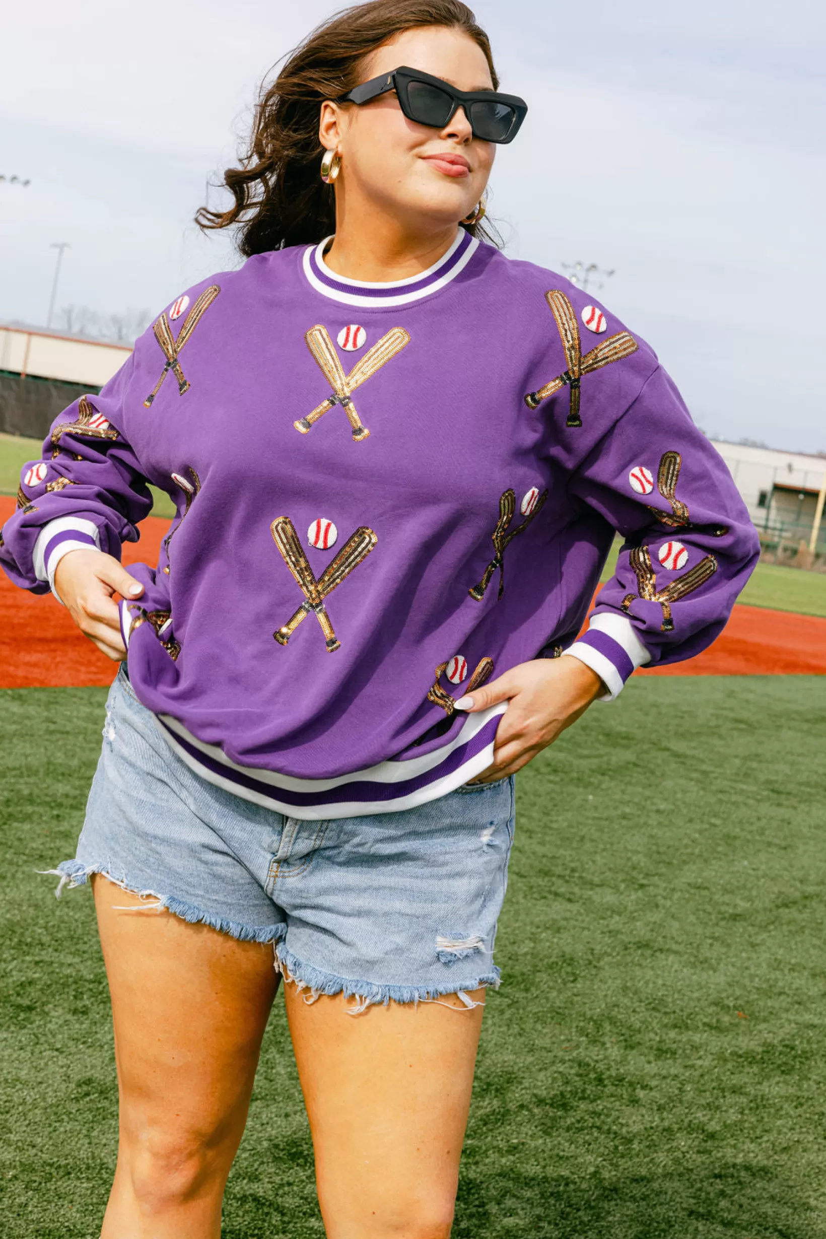 Sale Queen of Sparkles Scattered Baseball Bat Sweatshirt Purple