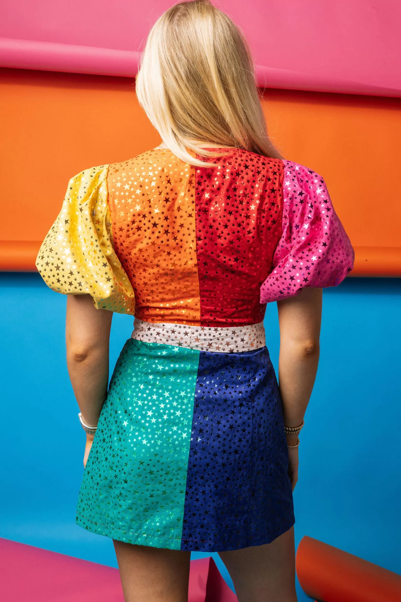 Best Queen of Sparkles Colorblock Star Poof Sleeve Tie Dress Rainbow