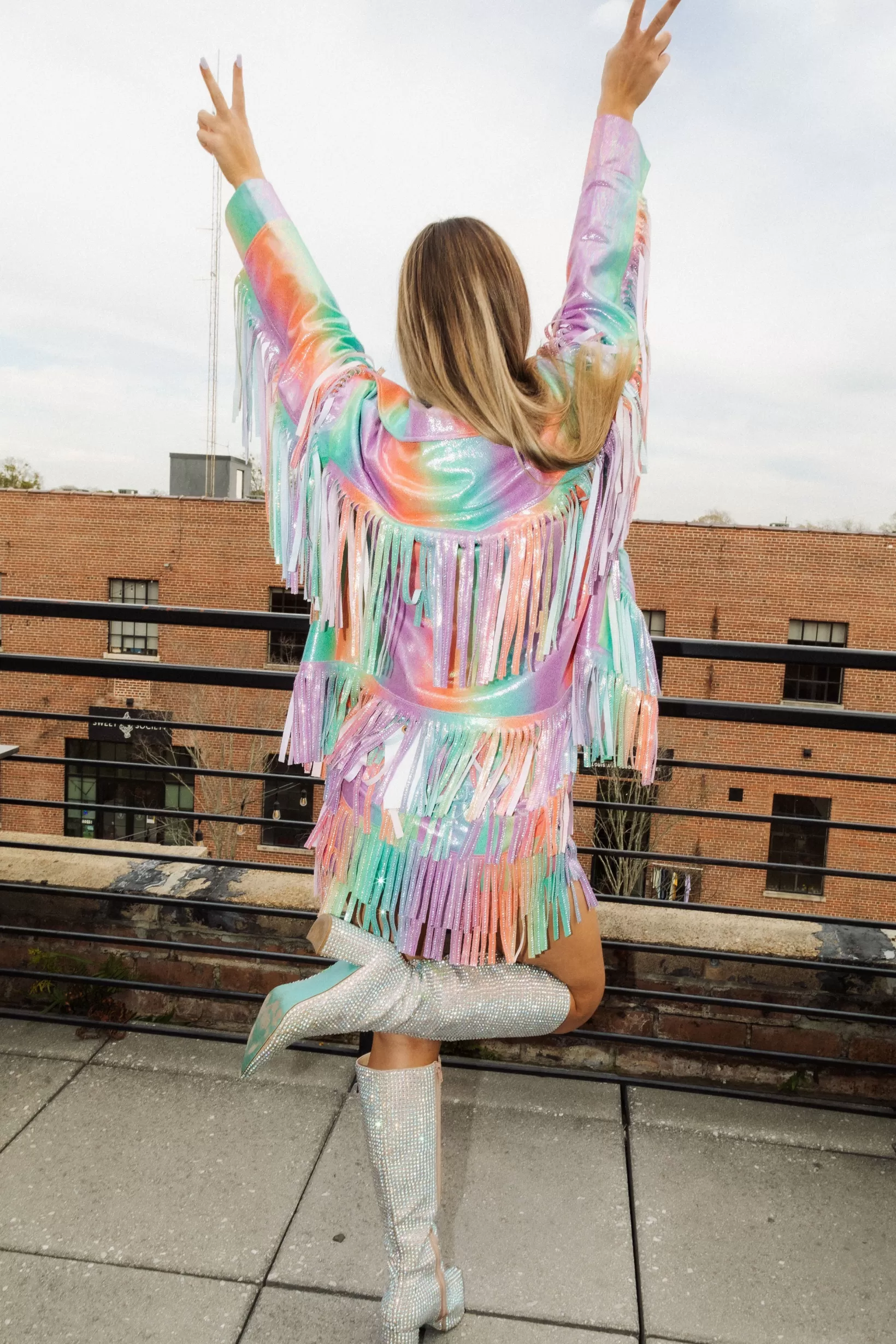 Cheap Queen of Sparkles Rainbow Leather Fringe Jacket