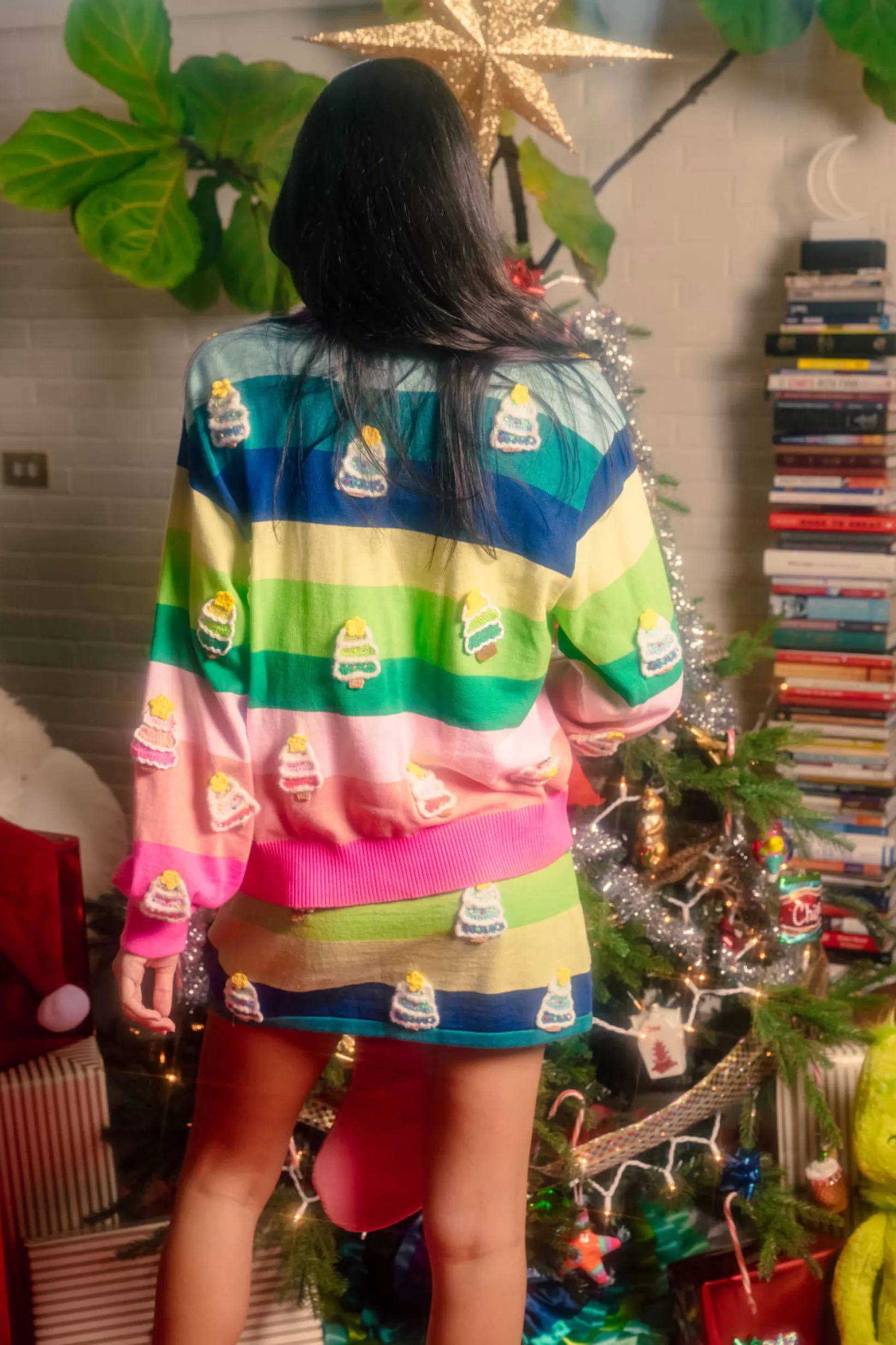 Online Queen of Sparkles Stripe Knit Christmas Tree Cardigan Rainbow