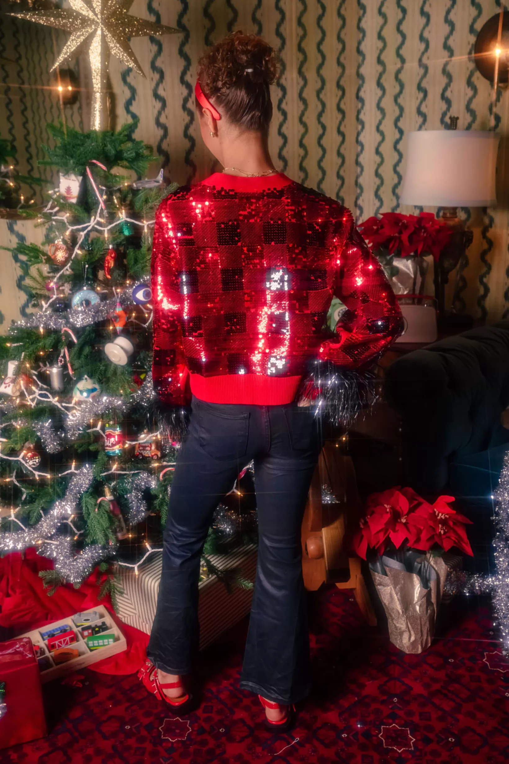 Flash Sale Queen of Sparkles Red & Black Buffalo Plaid Full Sequin With Feather Sleeve Cardigan Red/Black
