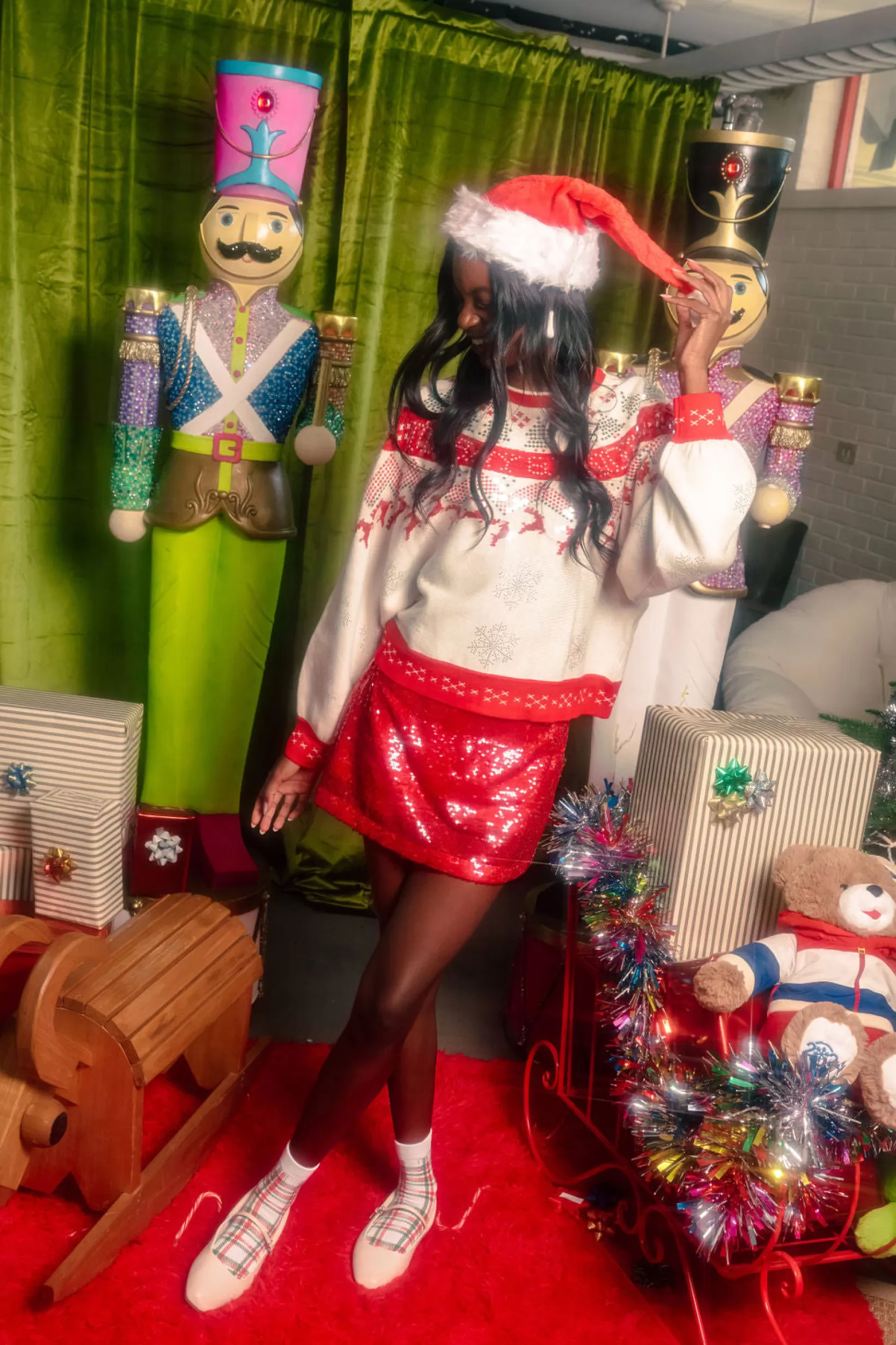 Hot Queen of Sparkles Red & Vintage Needlepoint Reindeer Sweater White