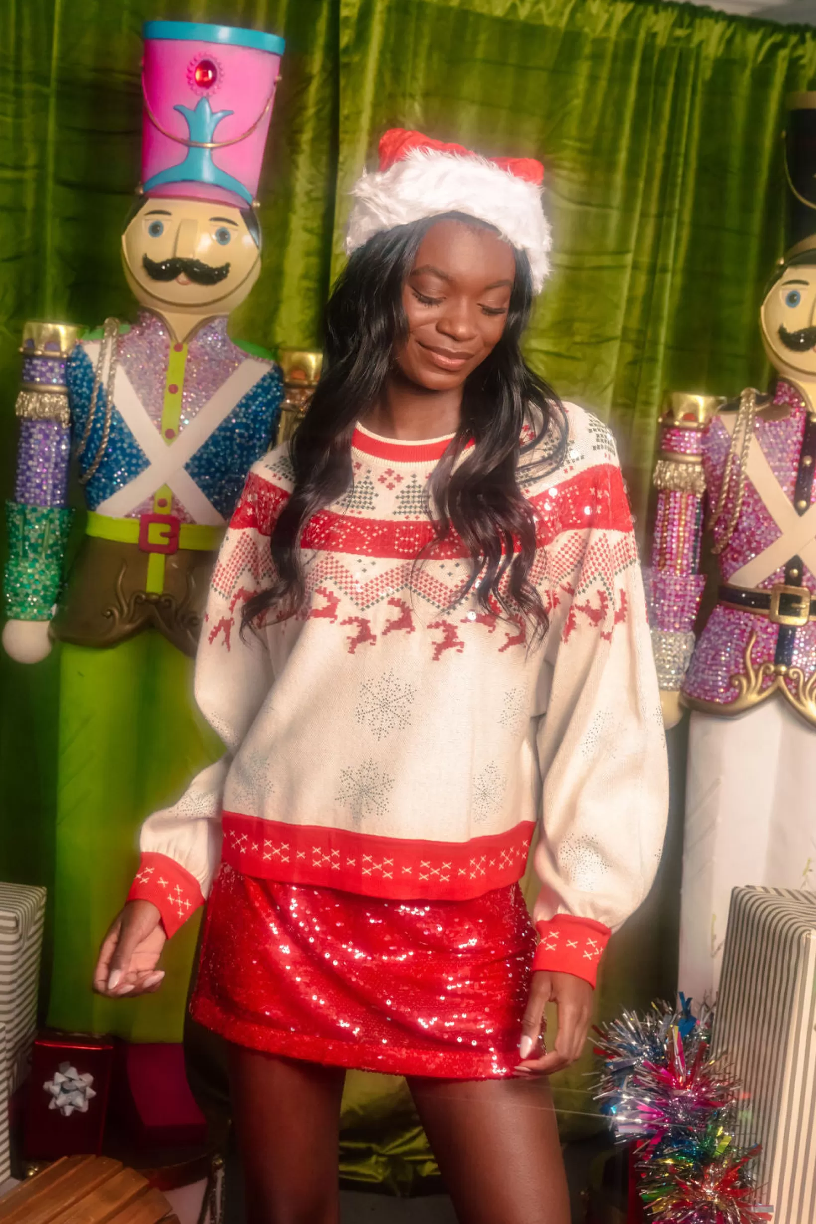 Hot Queen of Sparkles Red & Vintage Needlepoint Reindeer Sweater White