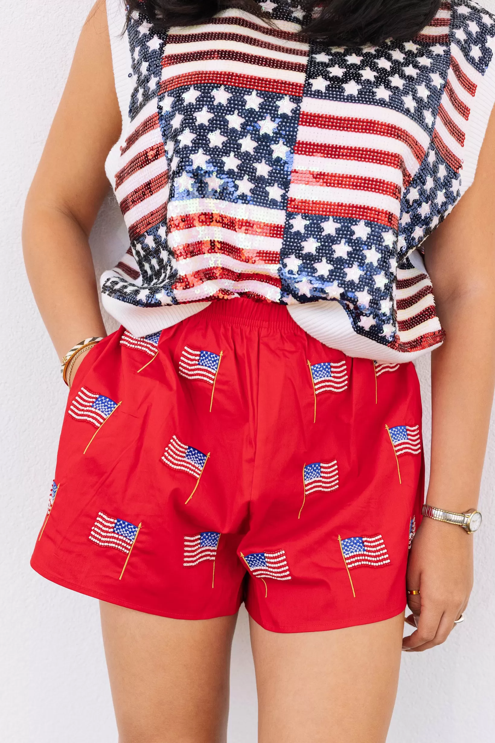 Shop Queen of Sparkles Beaded American Flag Short Red