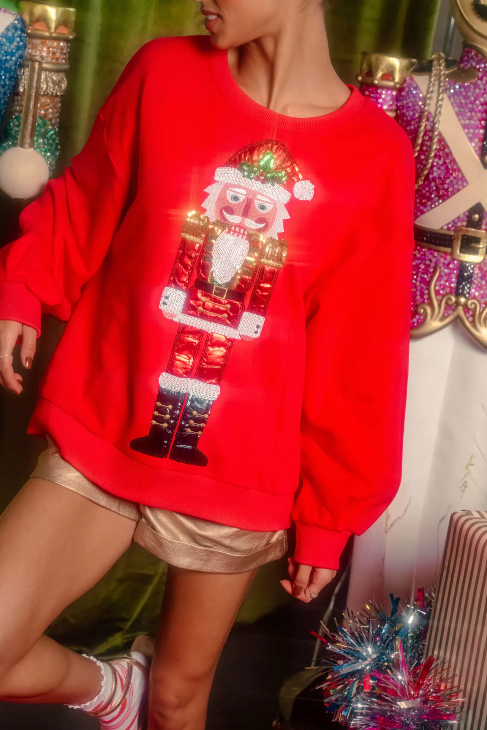 Flash Sale Queen of Sparkles Metallic Santa Nutcracker Sweatshirt Red