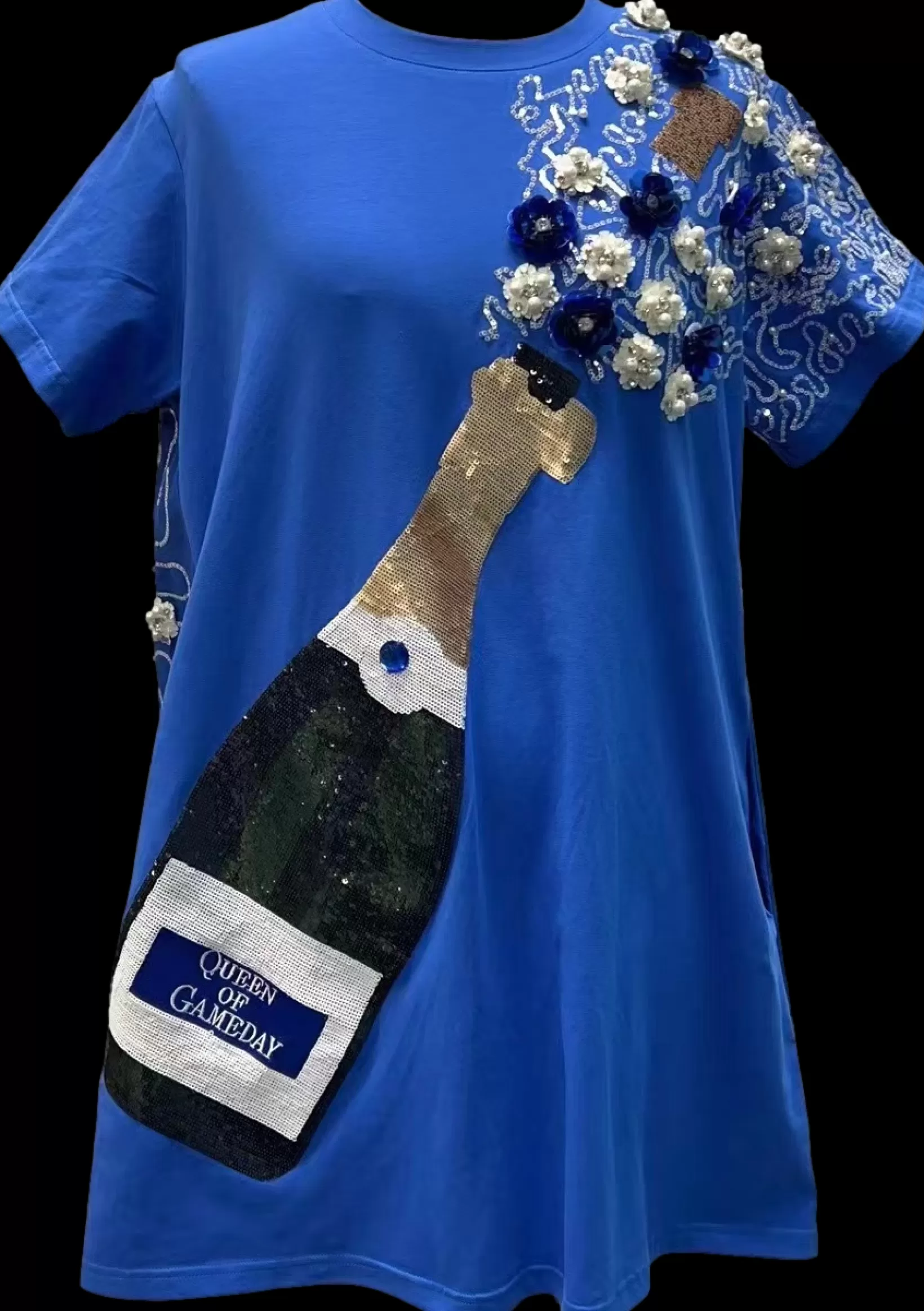 New Queen of Sparkles Royal & White Popping Champagne Tee Dress XS