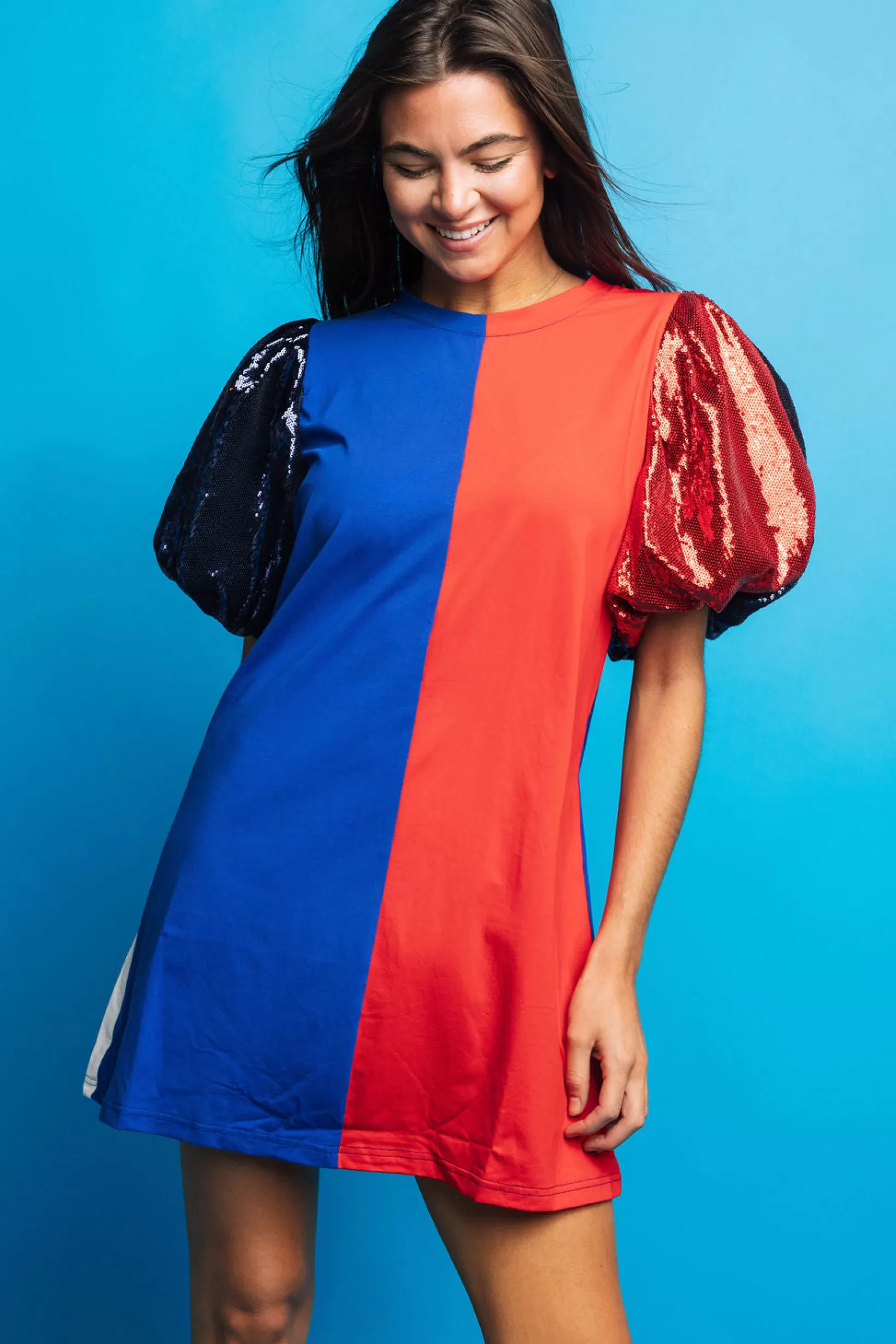 Shop Queen of Sparkles Royal Blue, Red & White Colorblock Sequin Sleeve Dress Royal/Red