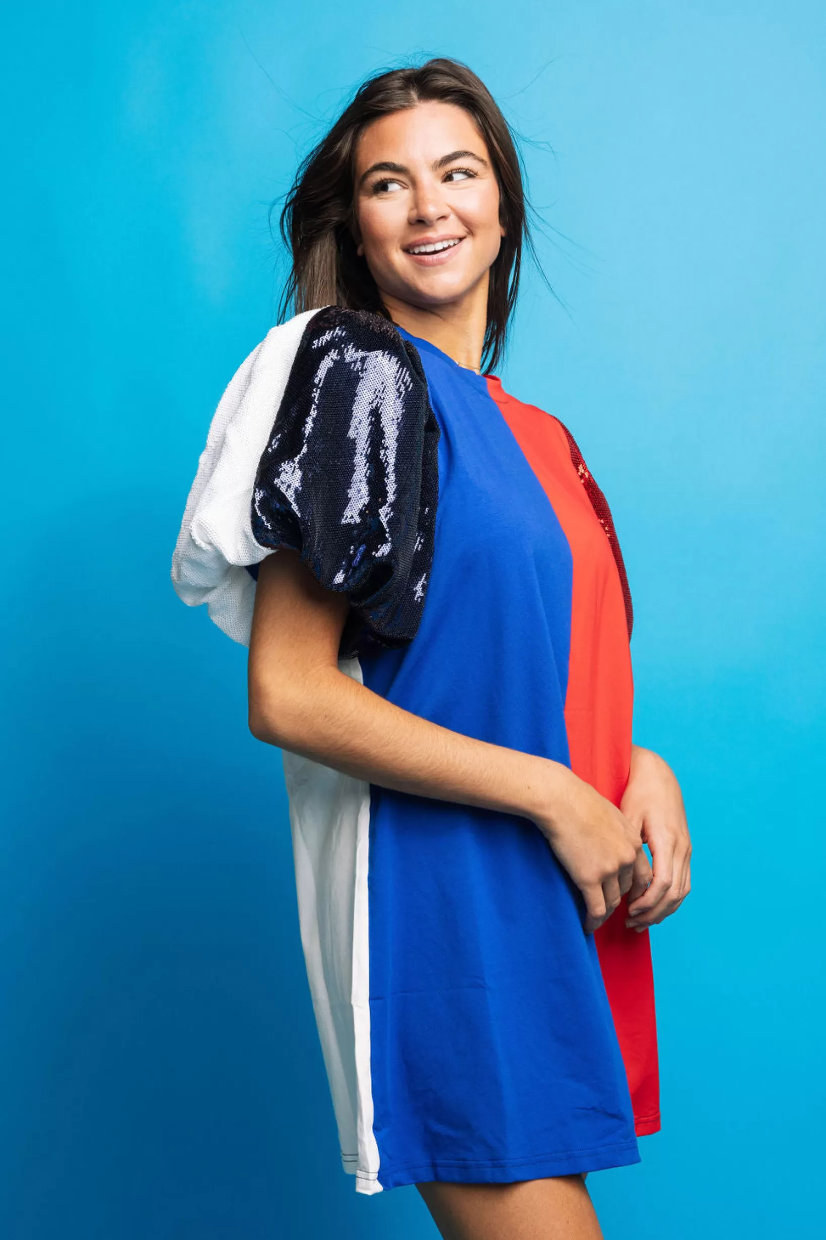 Shop Queen of Sparkles Royal Blue, Red & White Colorblock Sequin Sleeve Dress Royal/Red