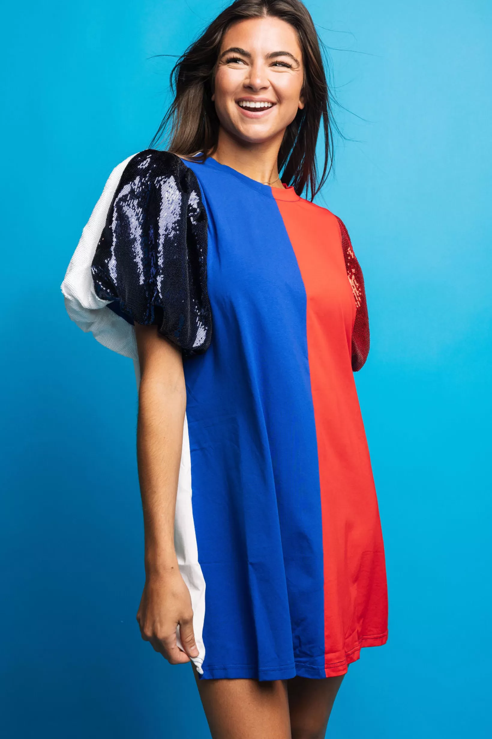 Shop Queen of Sparkles Royal Blue, Red & White Colorblock Sequin Sleeve Dress Royal/Red