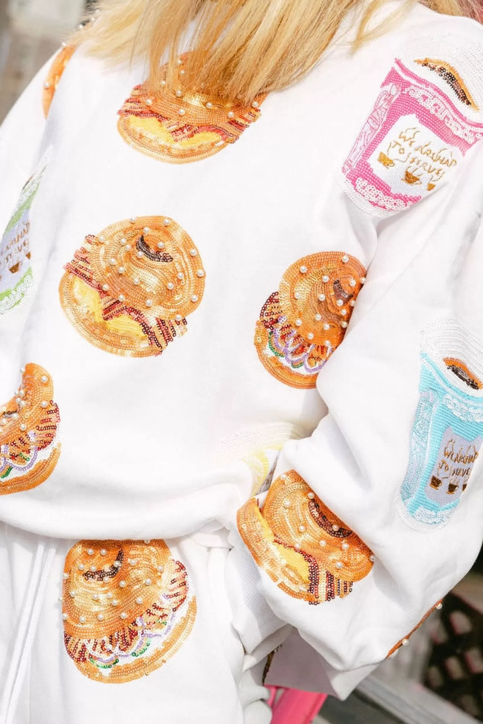 Online Queen of Sparkles Bagel Sandwich & Coffee Sweatshirt White