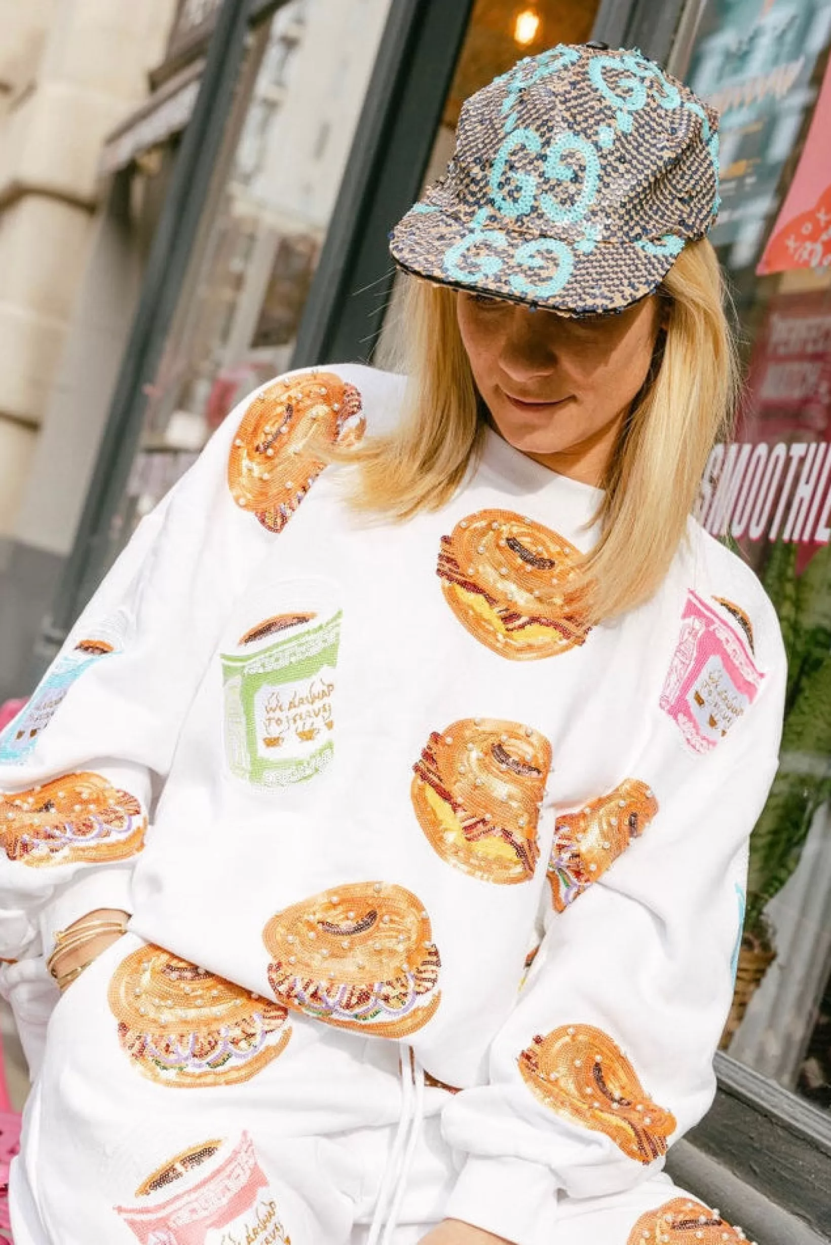 Online Queen of Sparkles Bagel Sandwich & Coffee Sweatshirt White