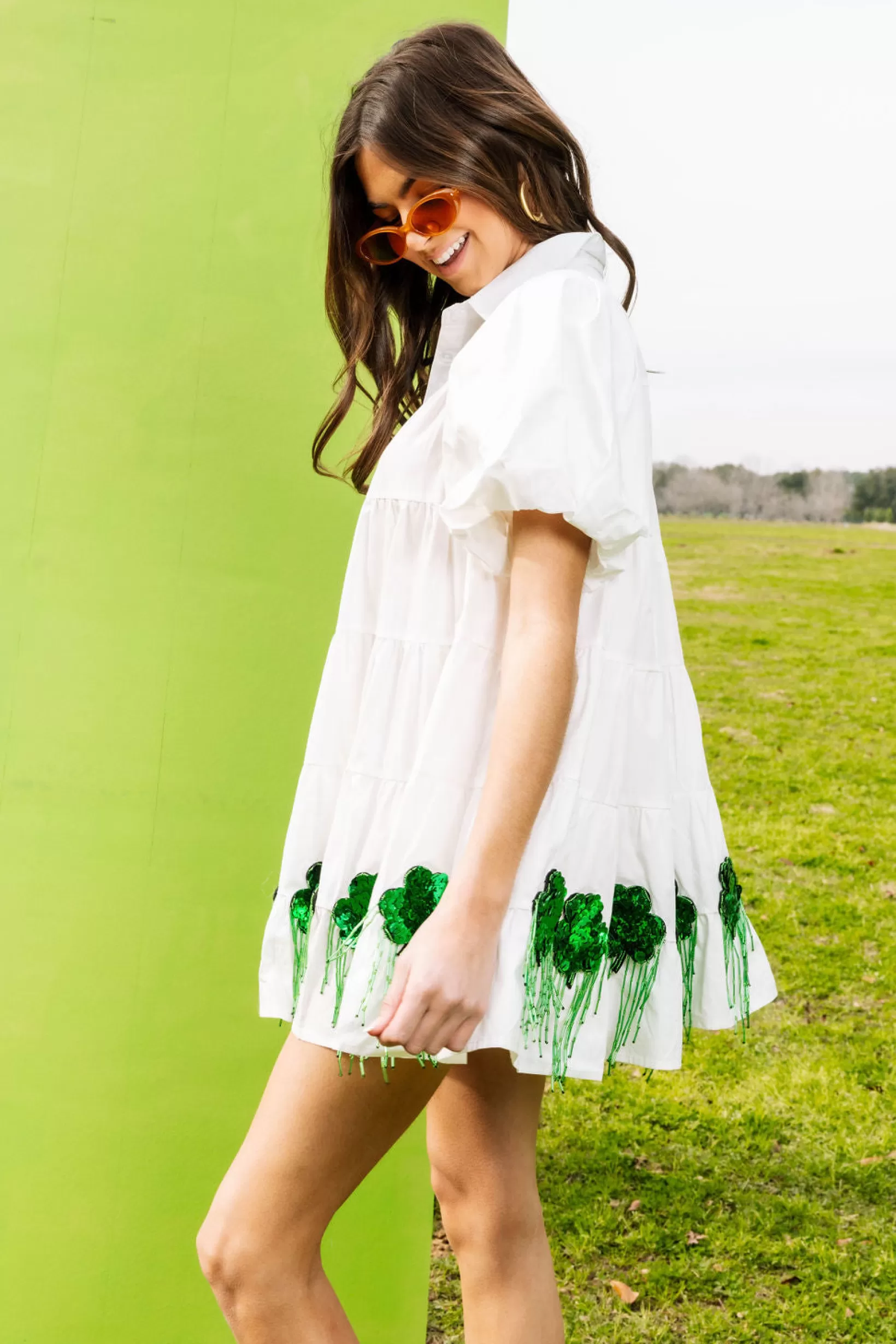 Best Sale Queen of Sparkles White Bead Shamrock Fringe Cotton Dress