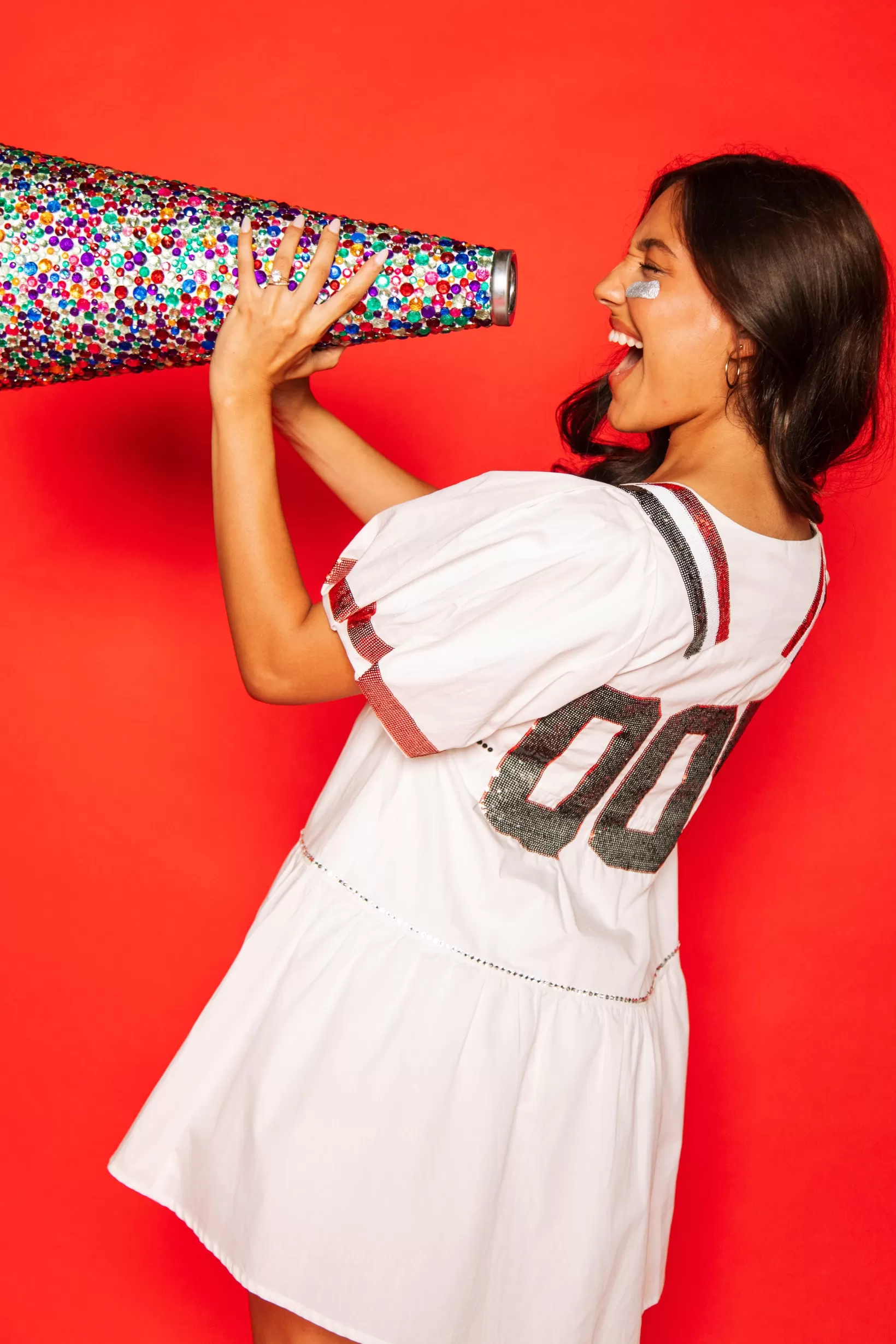 Sale Queen of Sparkles White, Black/Red Poof Sleeve QOS Jersey Dress